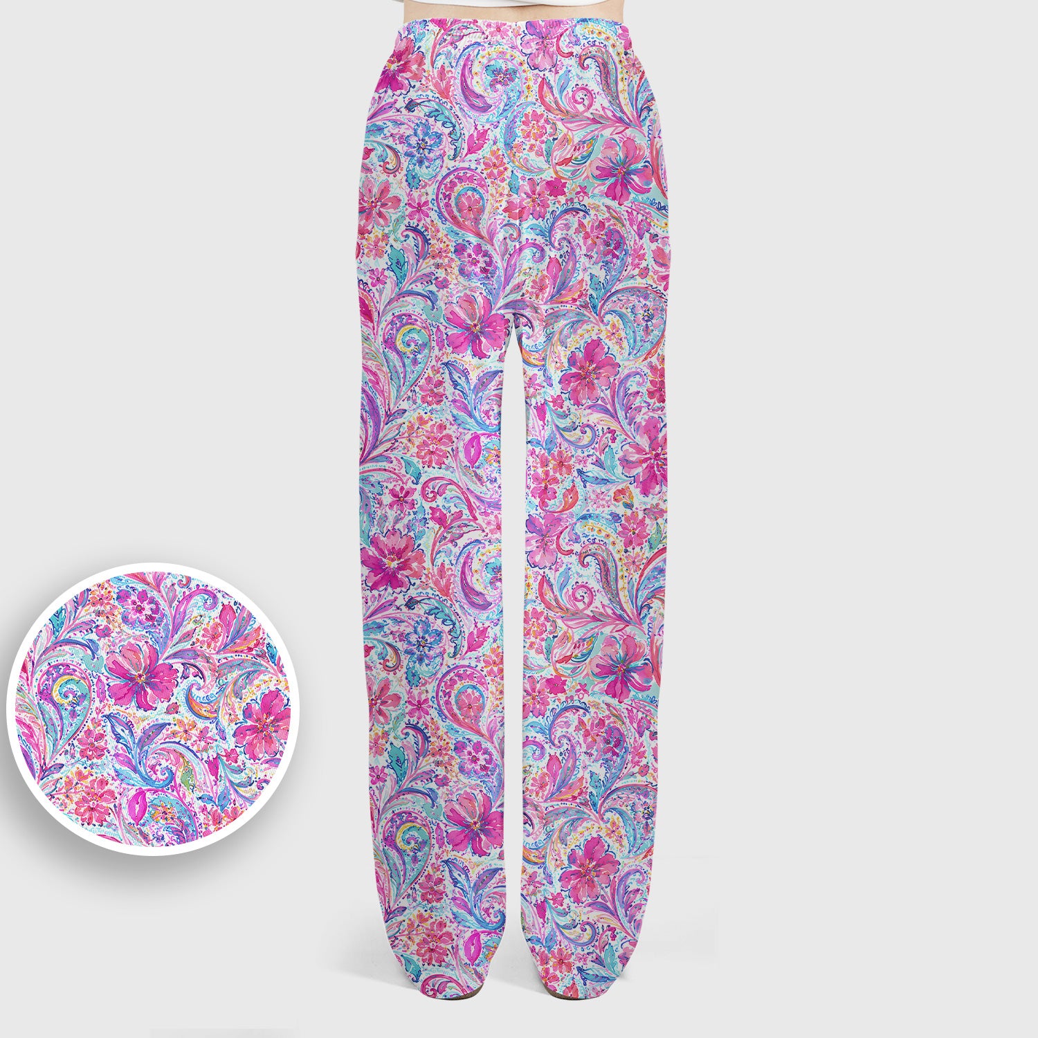 Elegant Pink Paisley Blossom Pattern Scrub Set, Scrub Pants and V Neck Top