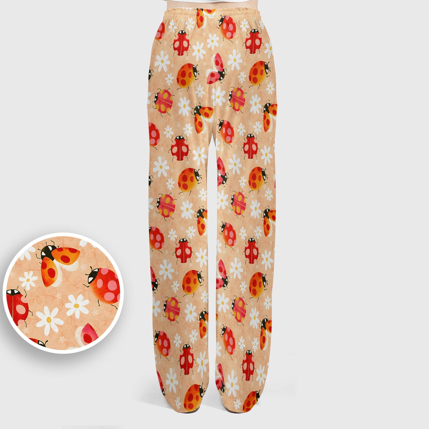 Ladybug Daisy Floral Pattern Scrub Set, Scrub Pants and V Neck Top