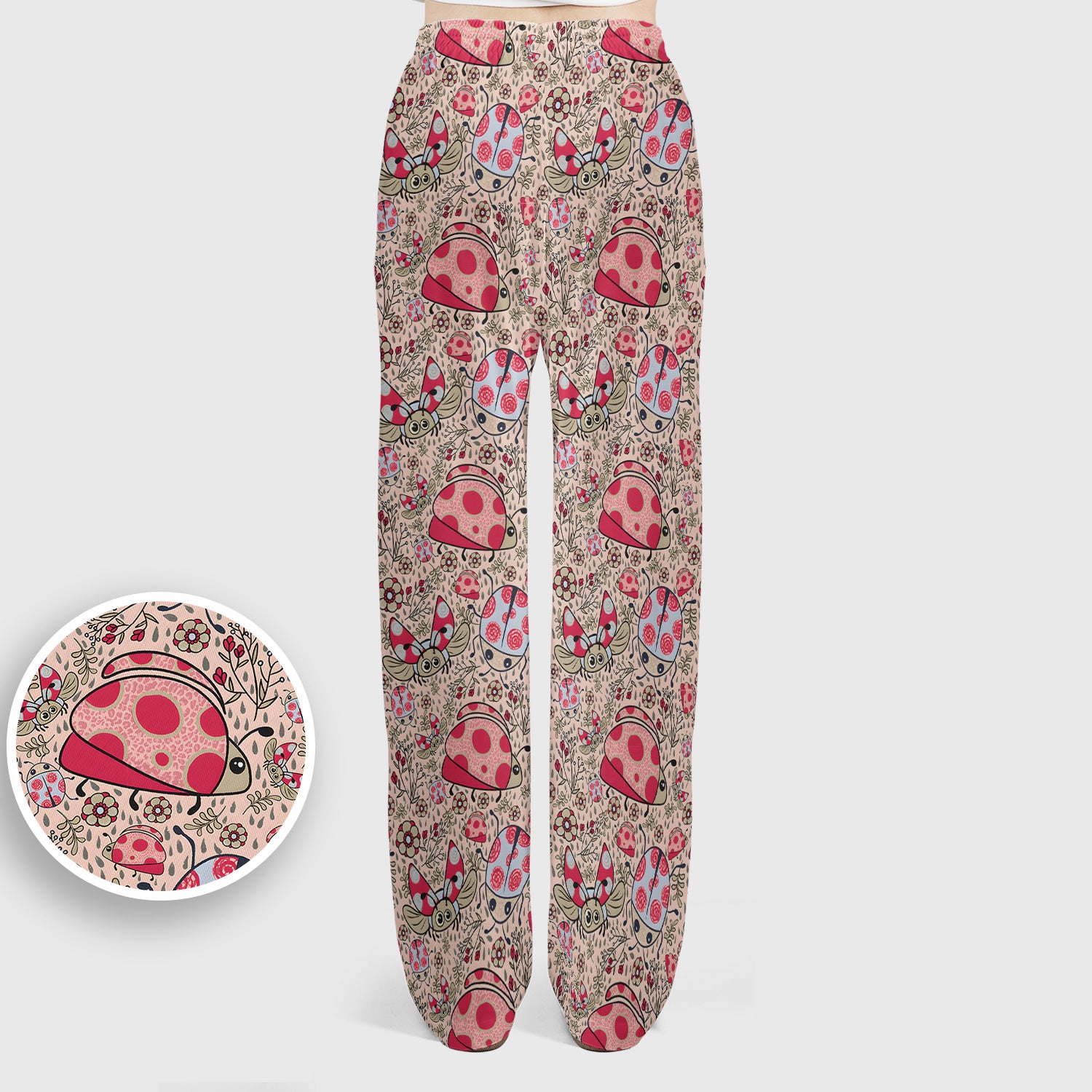 Cute Ladybug Rain Garden Pattern Scrub Set, Scrub Pants and V Neck Top