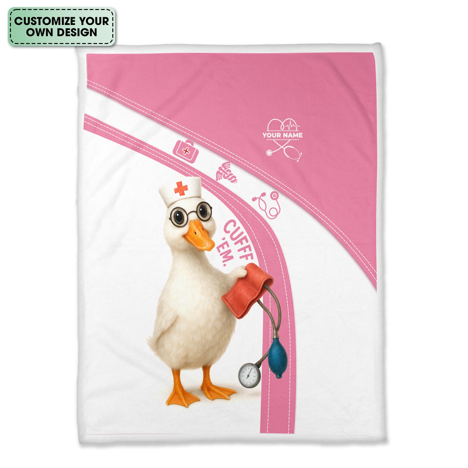 Personalized Funny Nurse Blanket - Duck Nurse with Blood Pressure Cuff Design - Custom Name Gift for RN LPN CNA Doctors and Medical Staff