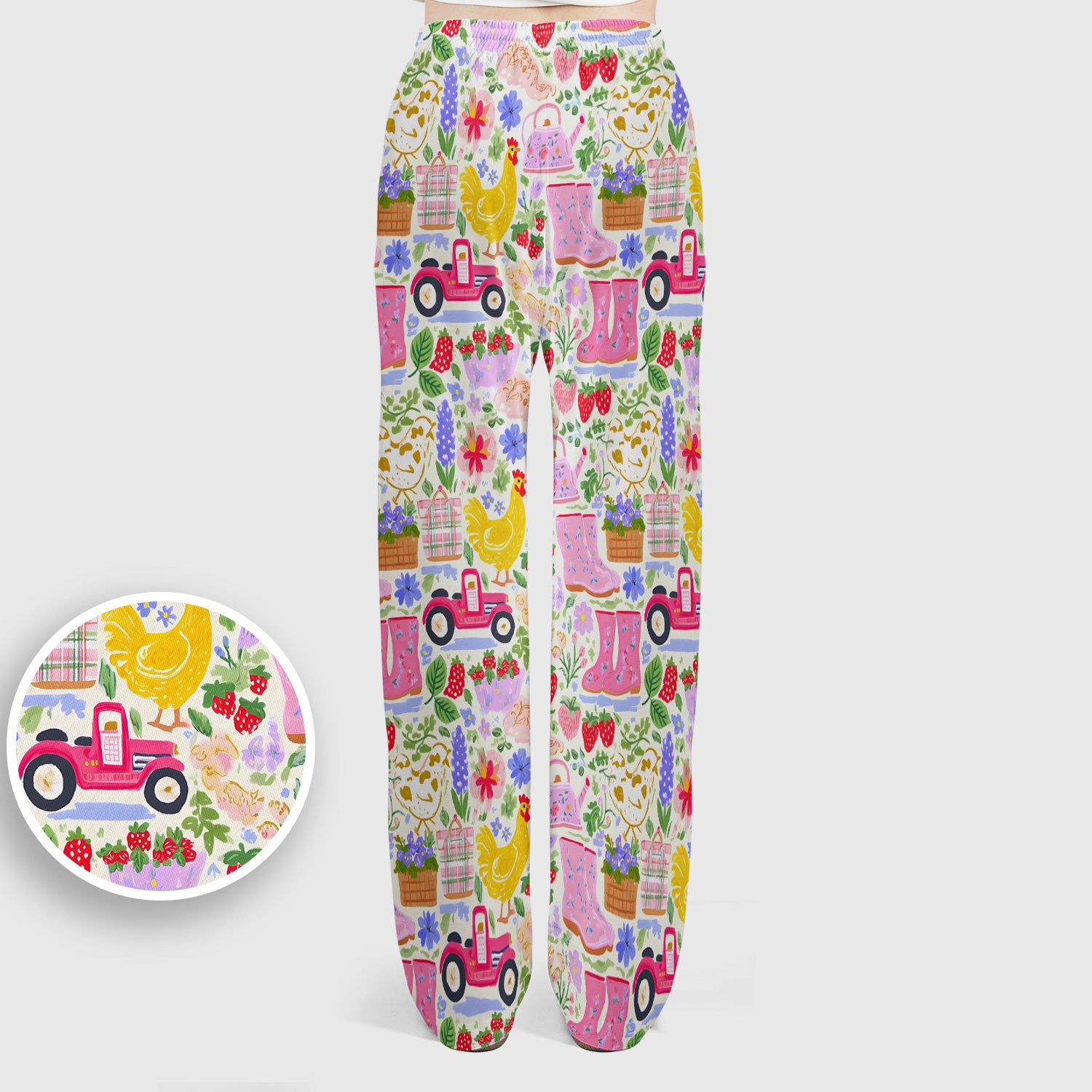 Cute Farm Garden Chicken Pattern Scrub Set, Scrub Pants and V Neck Top