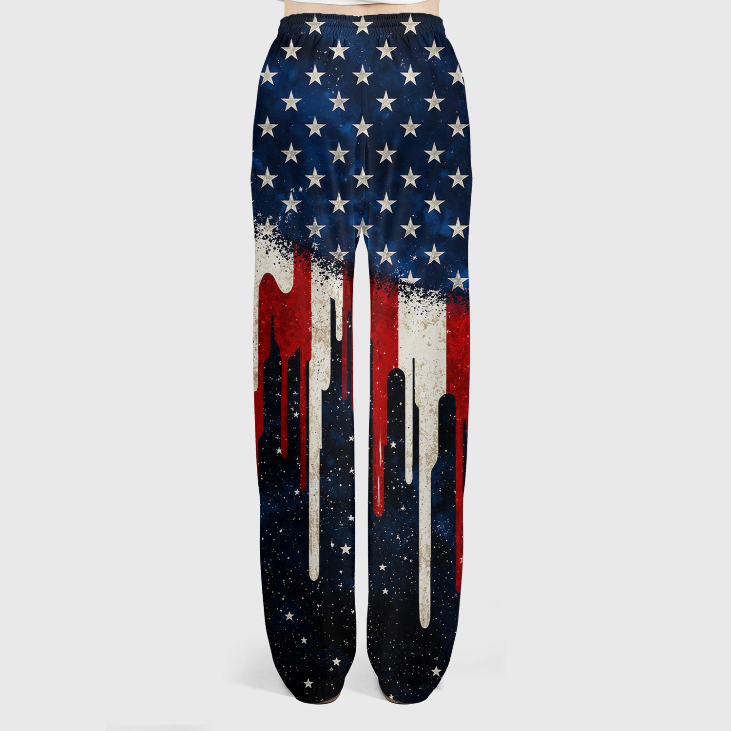 Festive Patriotic Dripping Flag Pattern Scrub Set, Scrub Pants and V Neck Top
