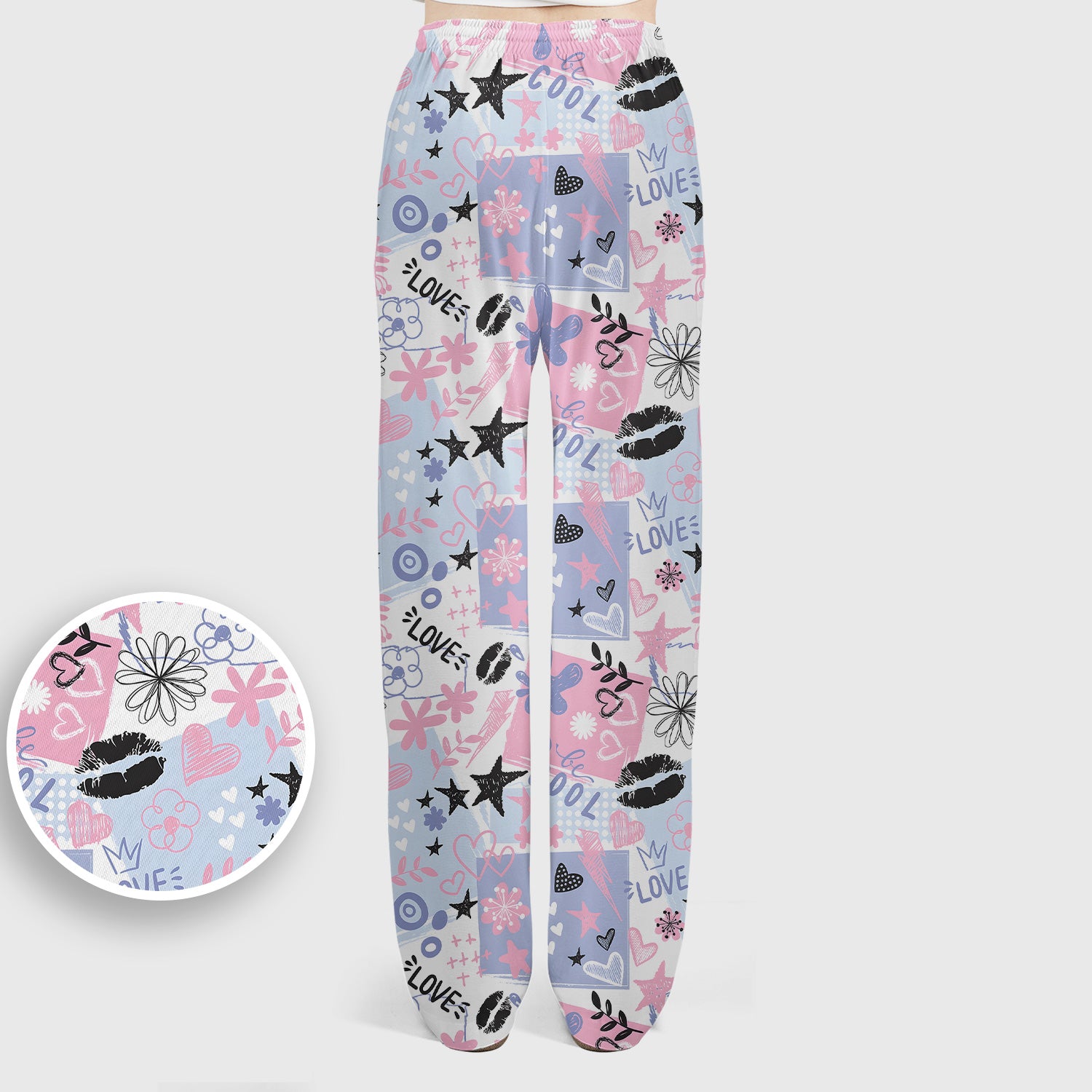 Cute Love Hearts Doodle Print Scrub Set, Scrub Pants and V Neck Top