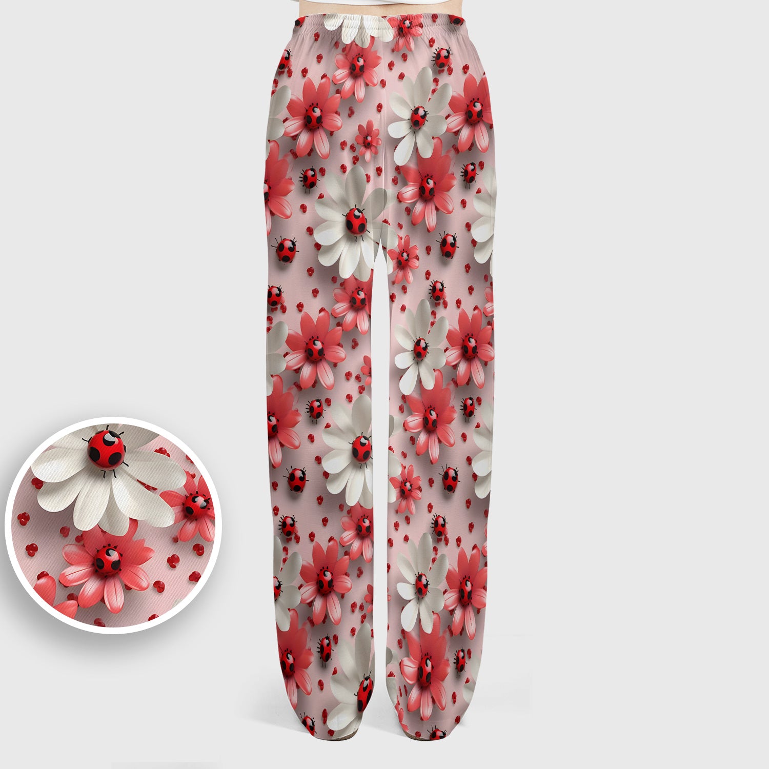 Red Ladybug Flower Pattern Scrub Set, Scrub Pants and V Neck Top