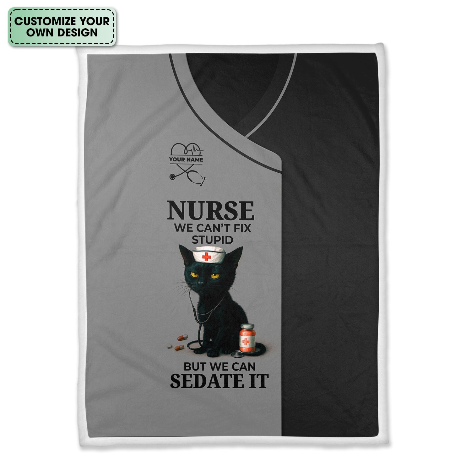 Personalized Funny Nurse Black Cat Blanket - Multiple Color Options Available - Custom Name Gift for RN CNA LPN Healthcare Workers