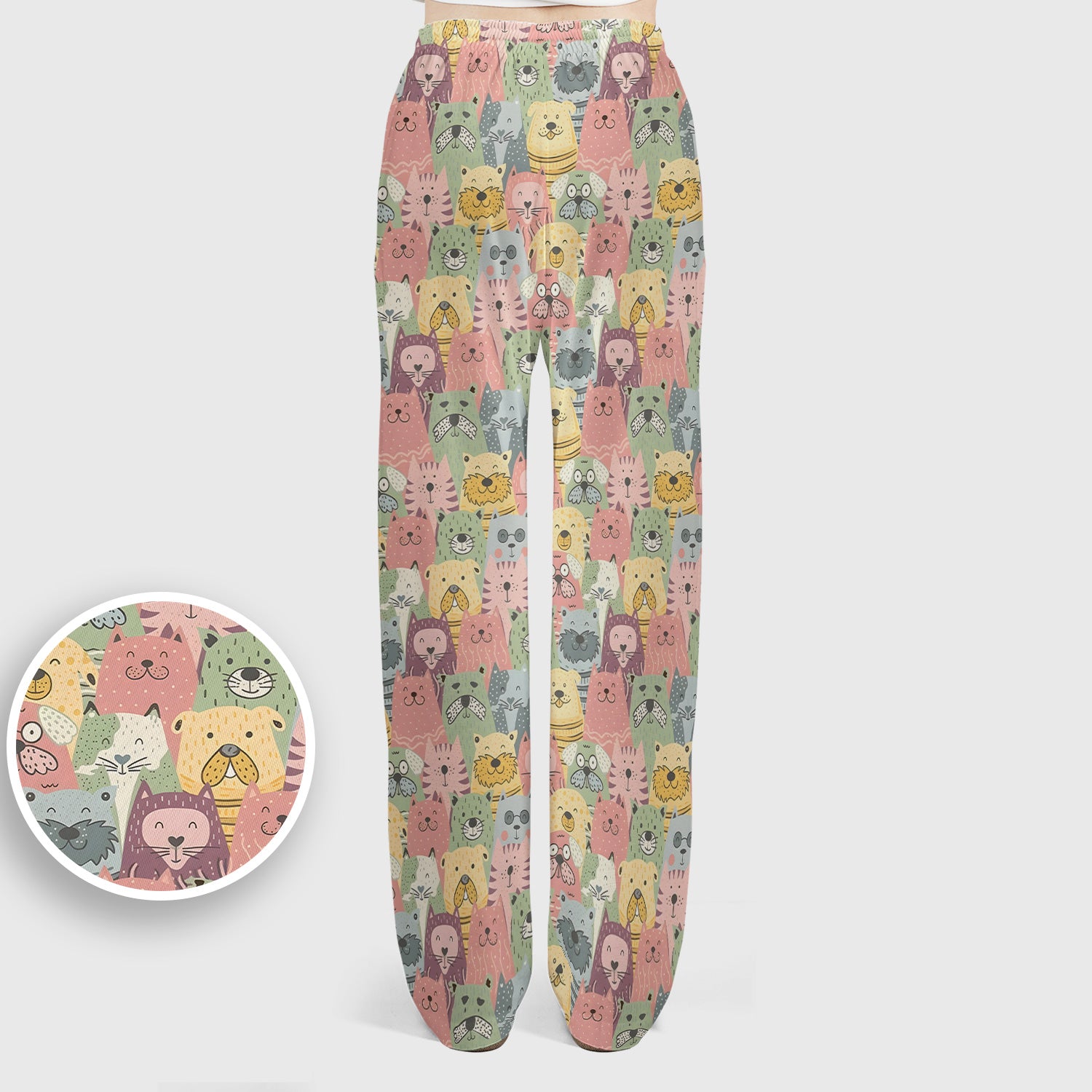 Cartoon Cat & Dog Faces Pattern Scrub Set, Scrub Pants and V Neck Top
