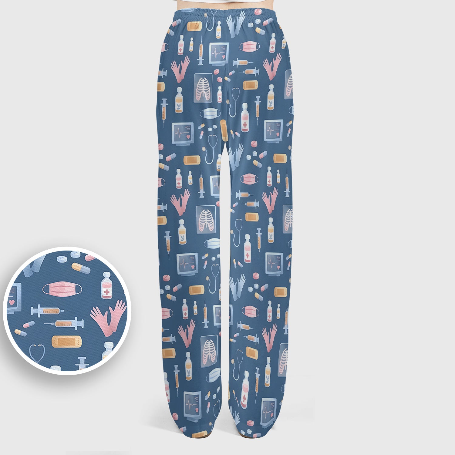 Medical Tools Gloves Syringe Pill Monitor Pattern Scrub Set, Scrub Pants and V Neck Top