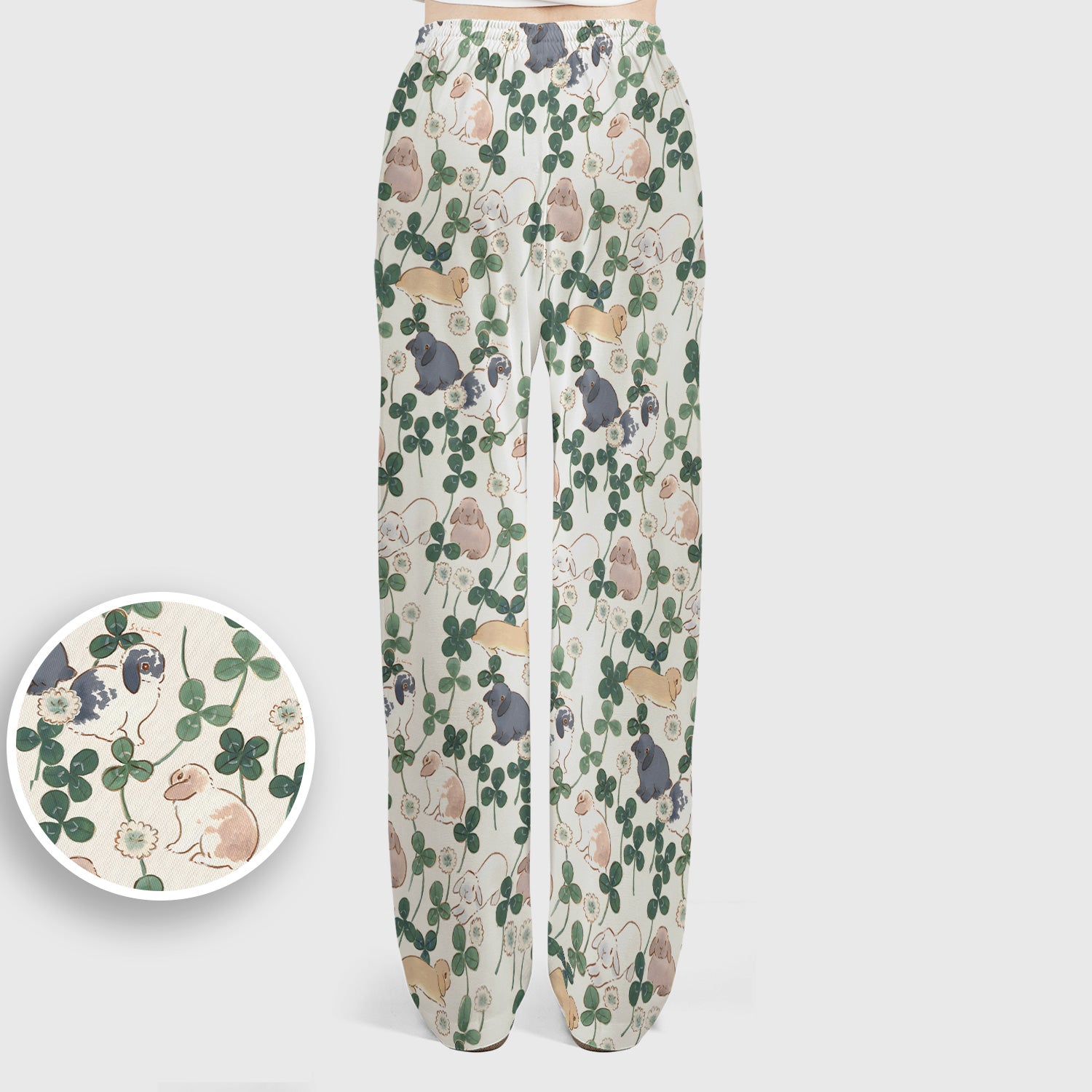 Cute Bunny Clover Garden Meadow Pattern Nurse Scrub Set, Scrub Pants and V Neck Top
