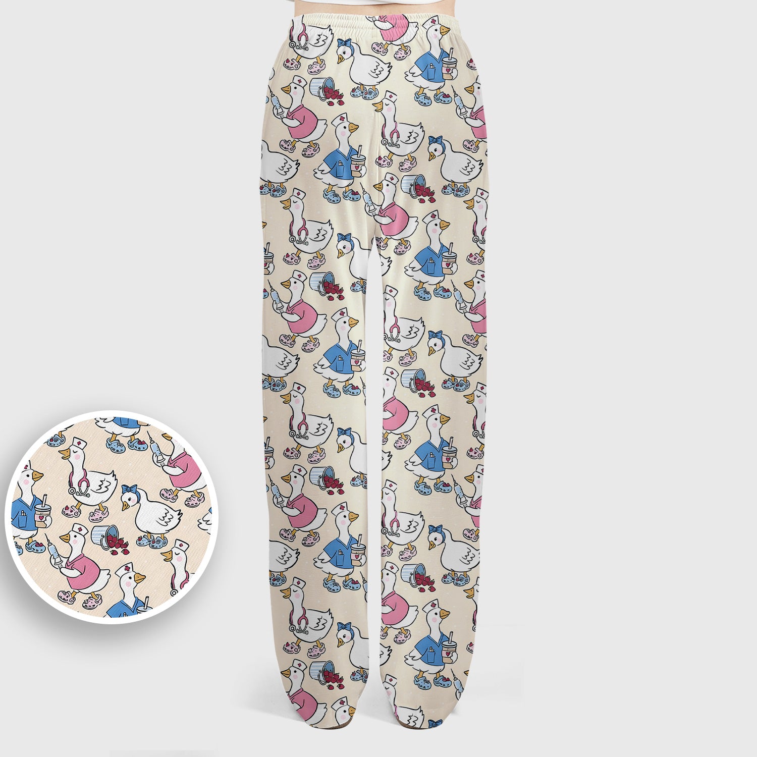 Cute Nurse Goose Cartoon Pattern Scrub Set, Scrub Pants and V Neck Top