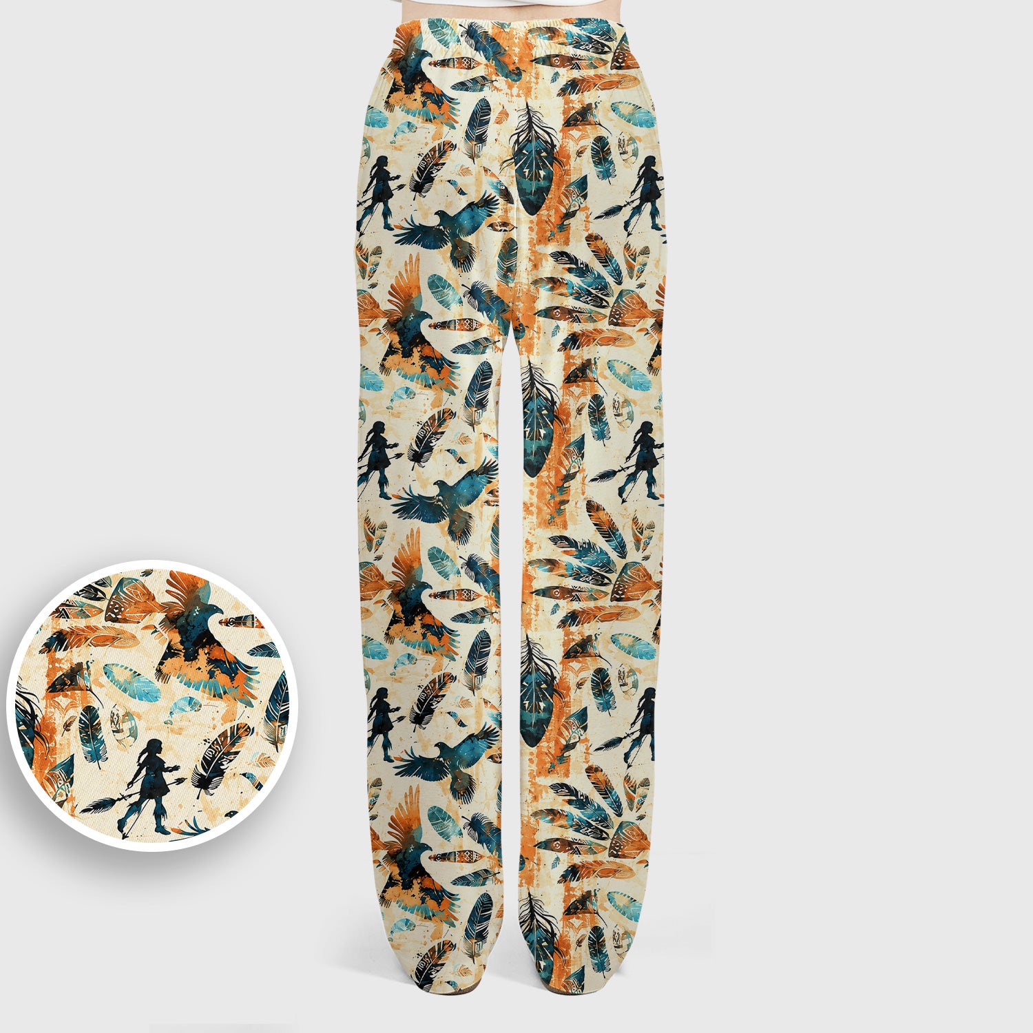 Feather Birds Tribal Print Scrub Set, Scrub Pants and V Neck Top