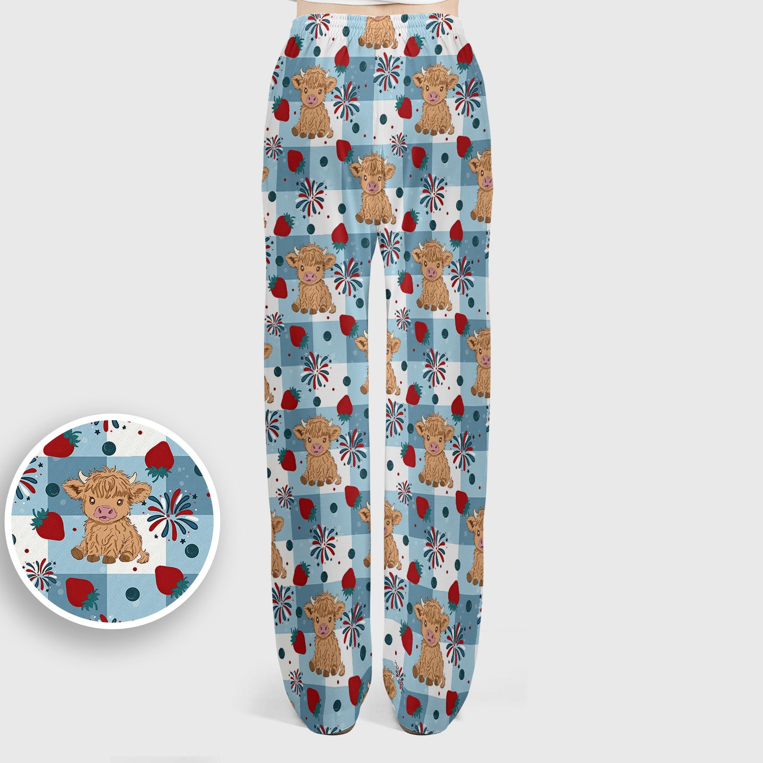 Highland Cow Strawberry Firework Gingham Pattern Scrub Set, Scrub Pants and V Neck Top