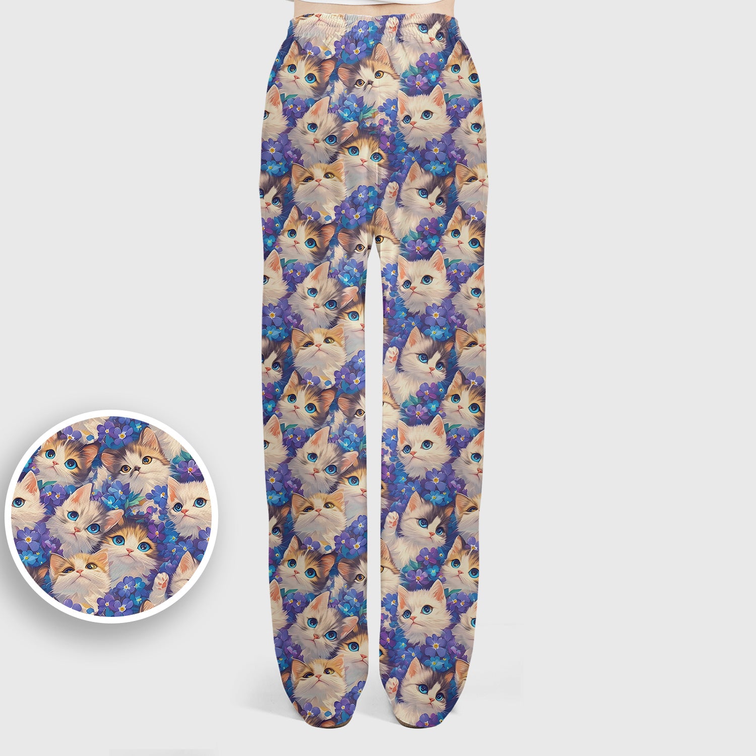 Cute Blue Eyed Kitten Pattern Scrub Set, Scrub Pants and V Neck Top