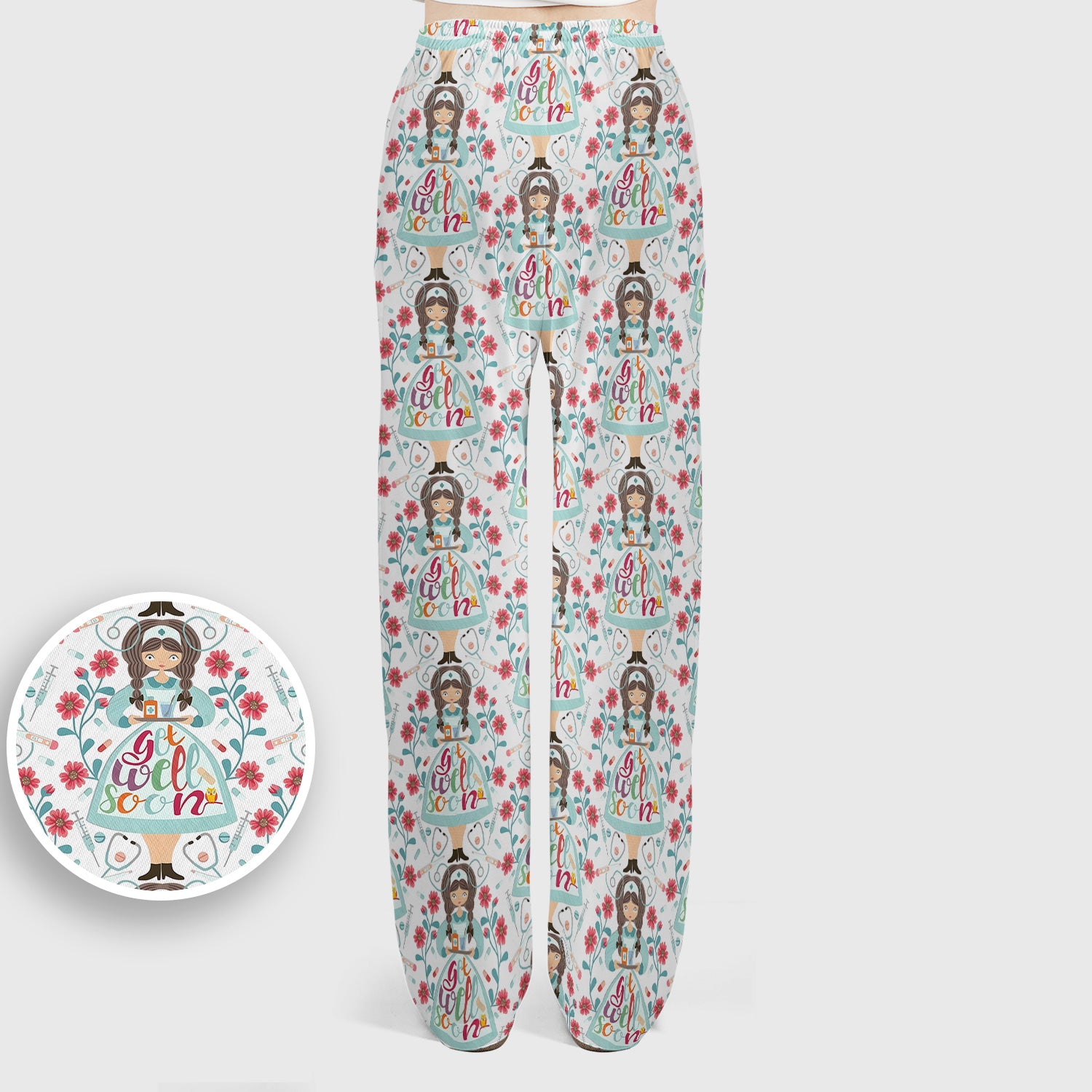 Get Well Soon Girl Floral Caring Pattern Scrub Set, Scrub Pants and V Neck Top