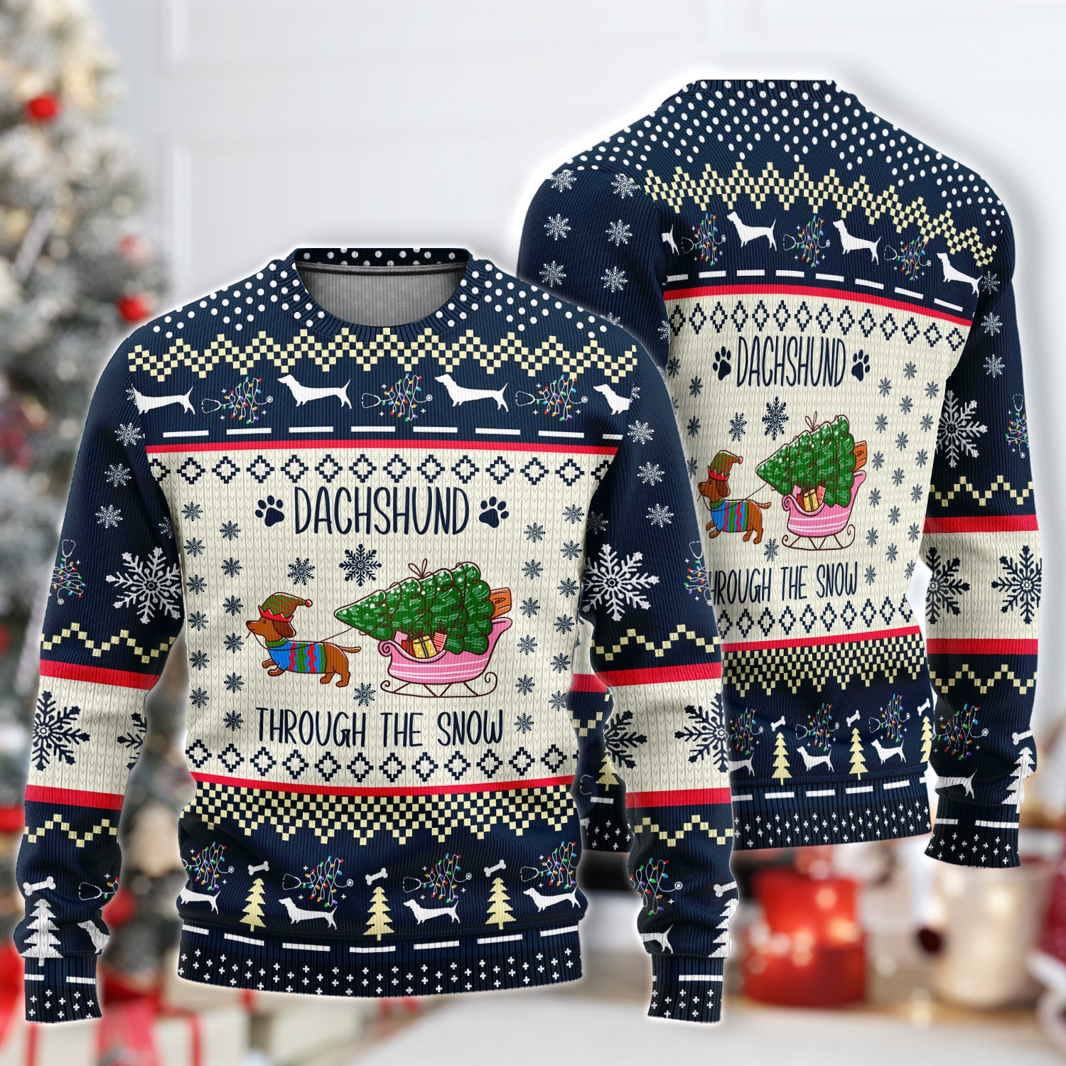 Christmas Dachshund Sweater, Cute Wiener Dog Holiday Medical Sweater , Funny “Dachshund Through The Snow” Ugly Sweater For Nurse Or Dog Lover