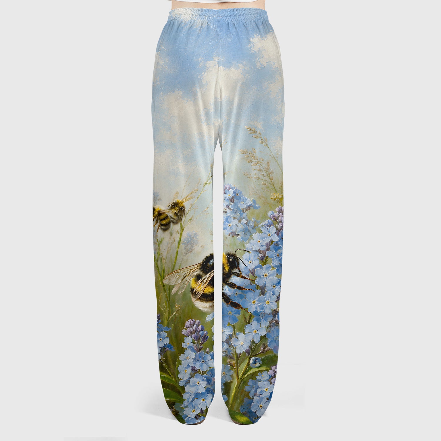 Whimsical Bumblebee Blue Blossom Pattern Scrub Set, Scrub Pants and V Neck Top