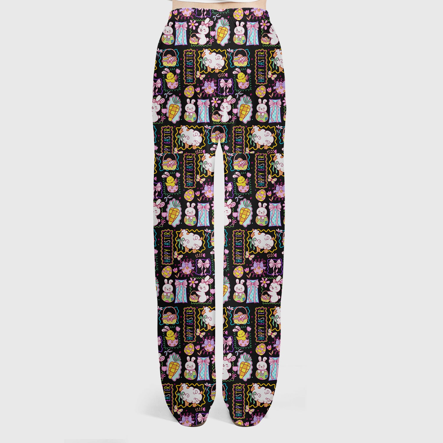 Cute Easter Bunny Egg and Bow Print Scrub Set, Scrub Pants and V Neck Top