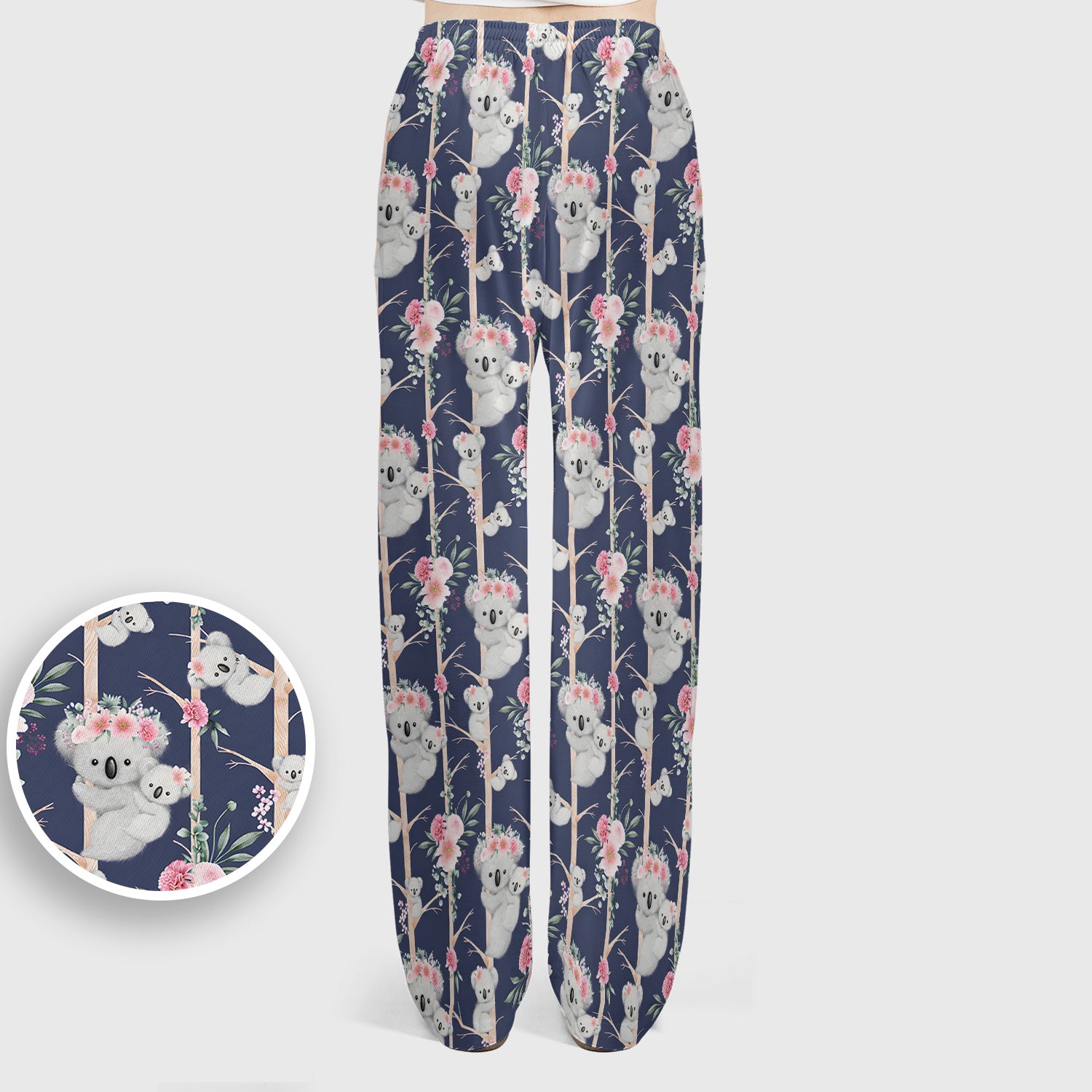 Cute Koala Climbing Tree Blossom Pattern Nurse Scrub Set, Scrub Pants and V Neck Top