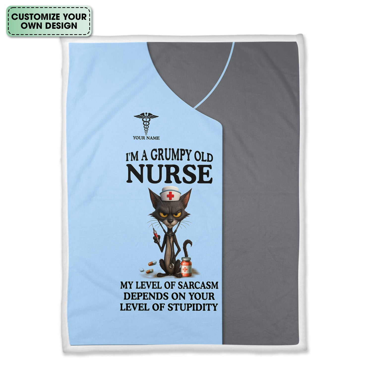 Custom Name Grumpy Old Nurse Blanket - Angry Cat Sarcastic Humor for RN LPN CNA Medical Staff Gift  - Multiple Color Options Available Keepsake