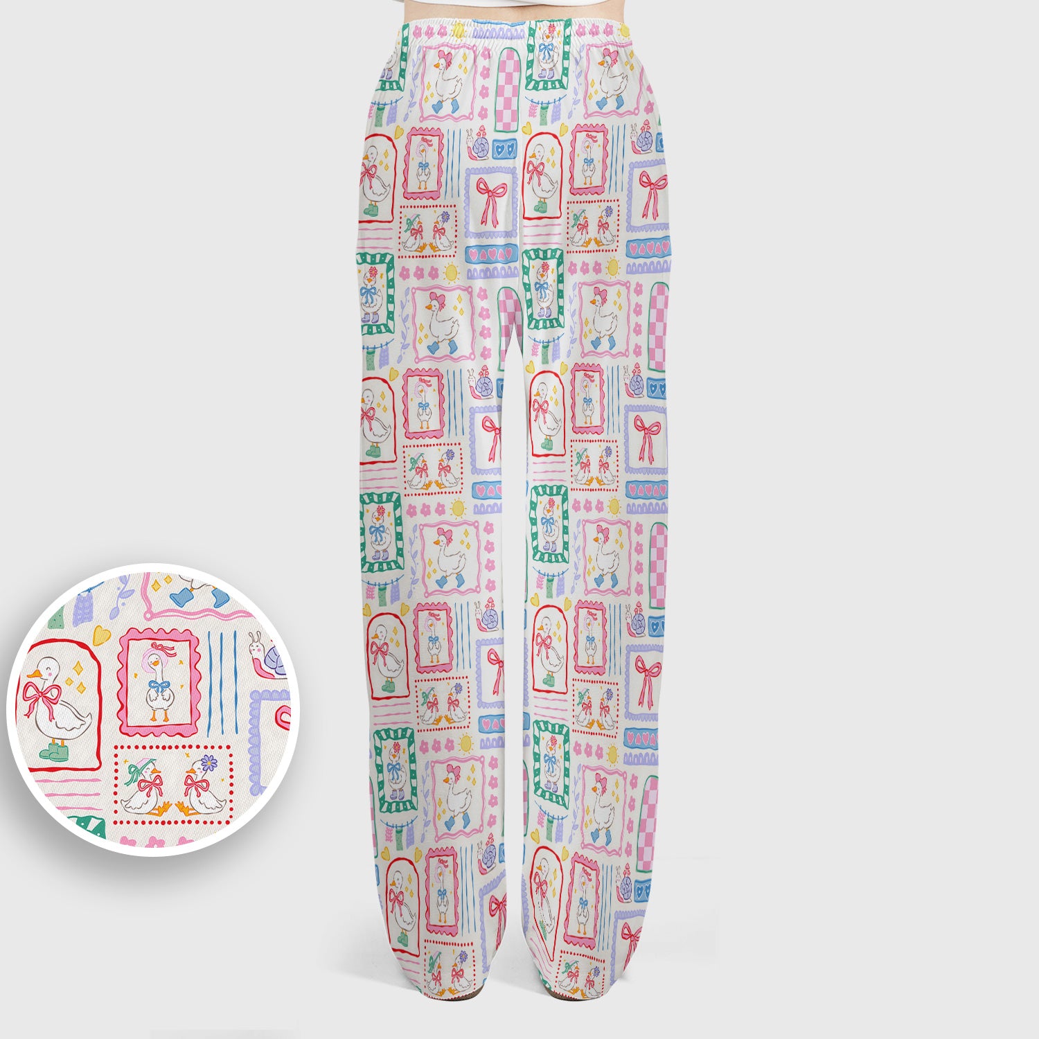 Adorable Nurse Goose Ribbon Patchwork Frame Pattern Scrub Set, Scrub Pants and V Neck Top