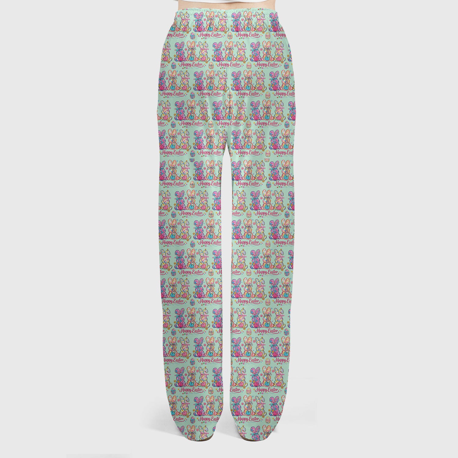 Pink Happy Easter Bunny Pattern Scrub Set, Scrub Pants and V Neck Top