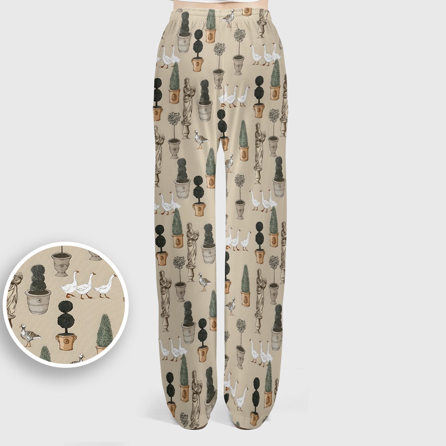 Vintage Garden Statue Topiary Goose Bird Pattern Scrub Set, Scrub Pants and V Neck Top