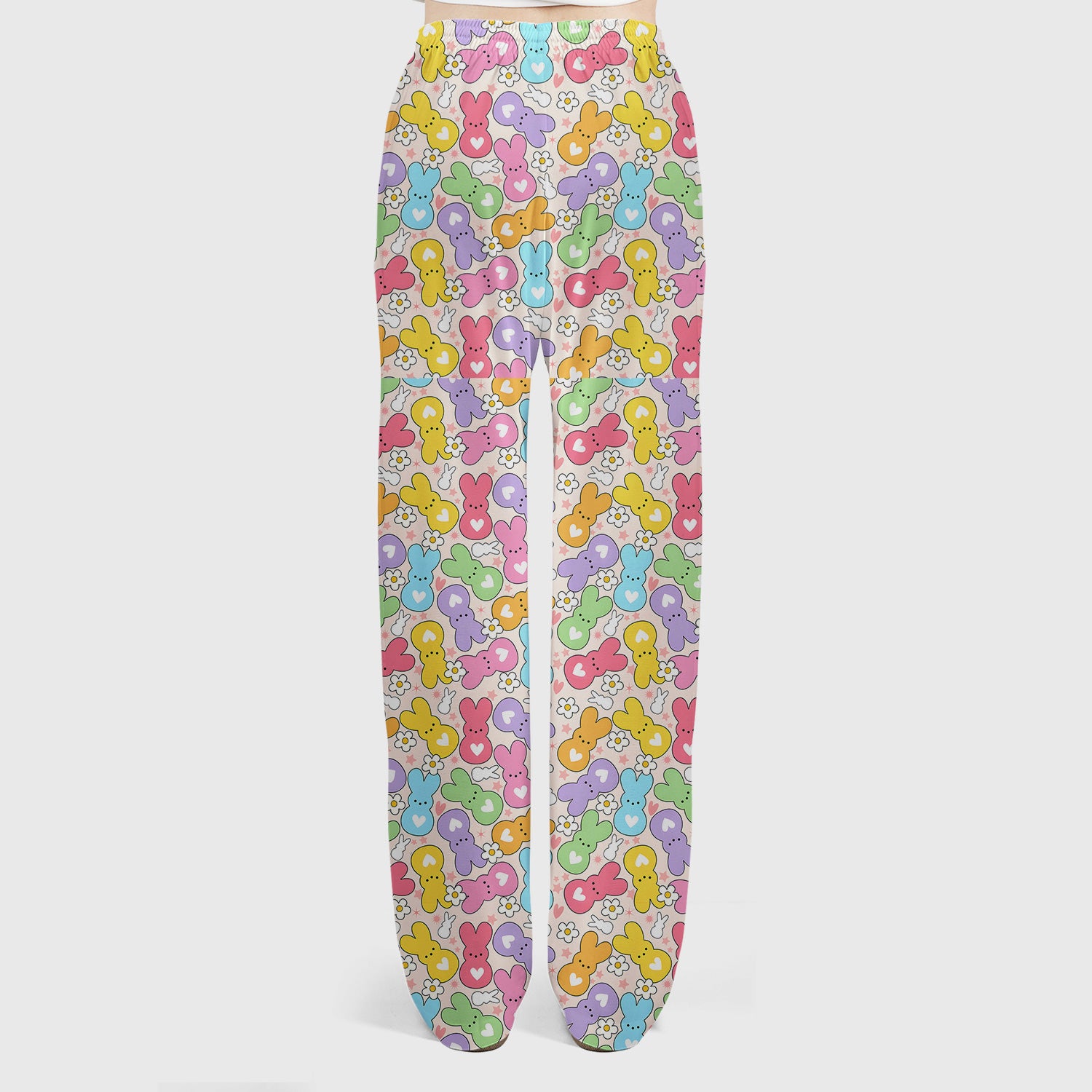 Sweet Pastel Bunny Daisy Pattern Scrub Sets, Scrub Pants and V Neck Top