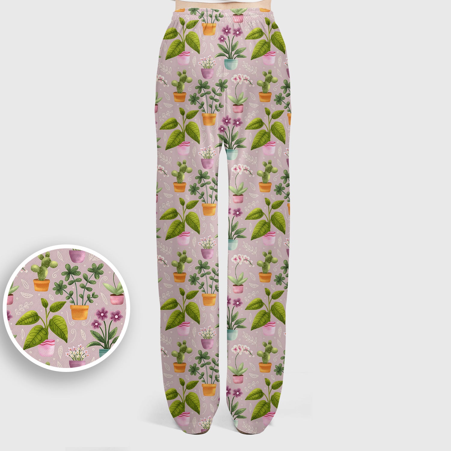 Potted Plant Orchid Cactus Pattern Scrub Set, Scrub Pants and V Neck Top