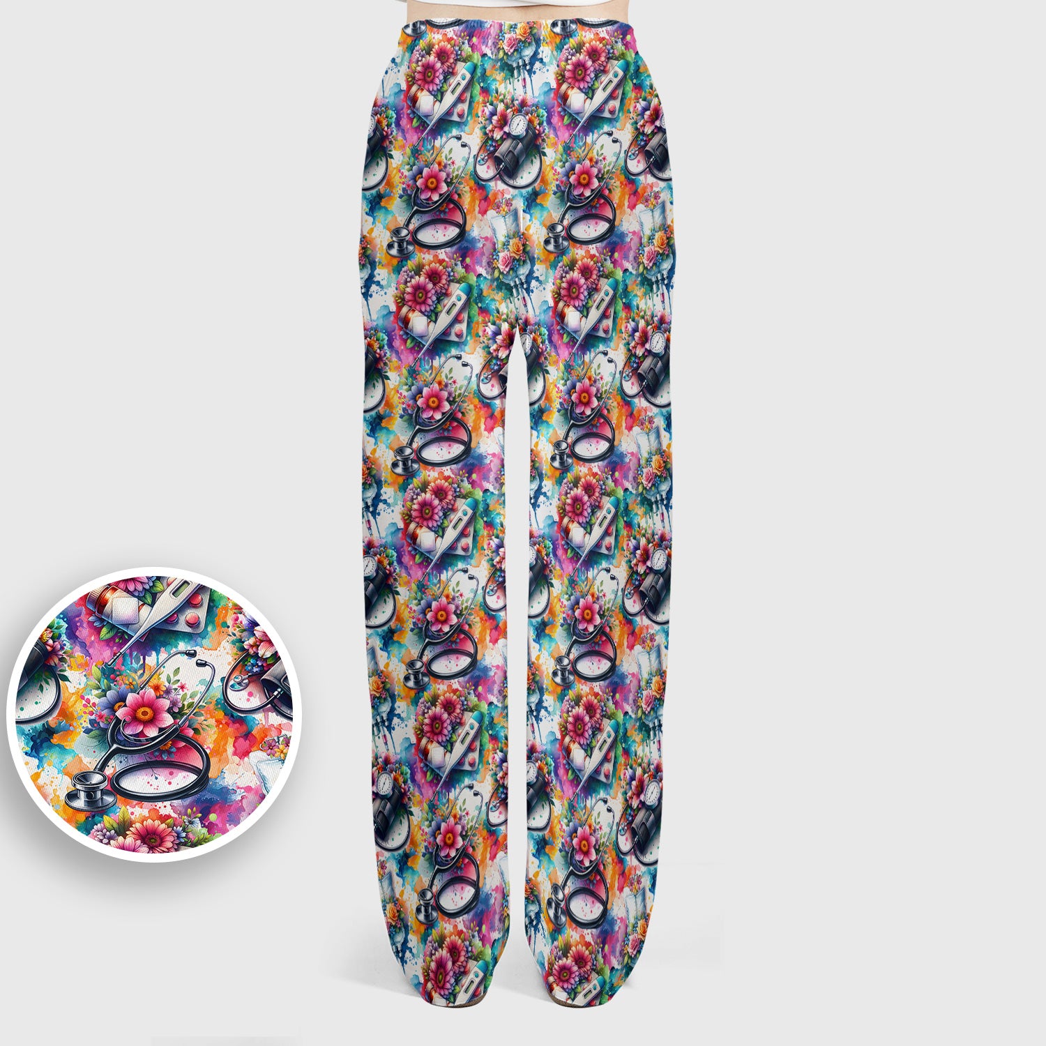 Colorful Medical Tools Floral Pattern Scrub Set, Scrub Pants and V Neck Top