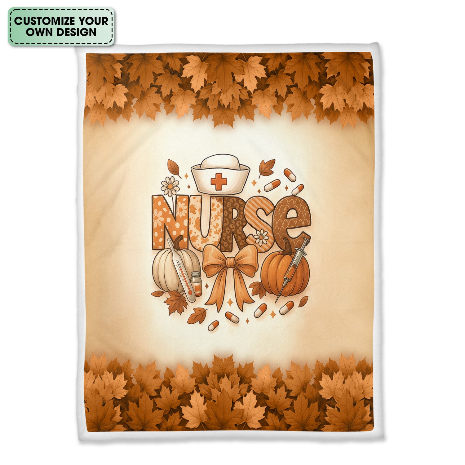 Fall Nurse Blanket with Pumpkins and Leaves - Cozy Autumn Throw for RN CNA LPN - Personalized Thanksgiving Gift for Medical Workers