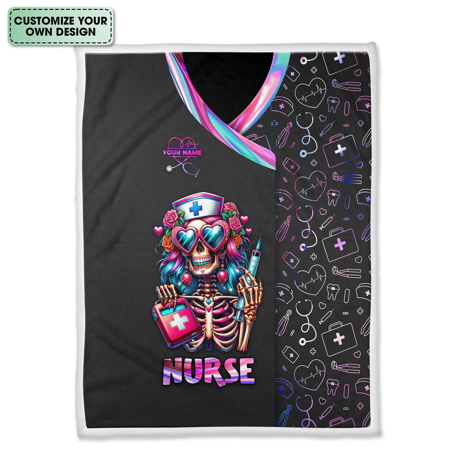 Personalized Gothic Nurse Blanket - Colorful Skeleton Holding Syringe & Med Bag - Gift for Healthcare Heroes, Halloween Fans