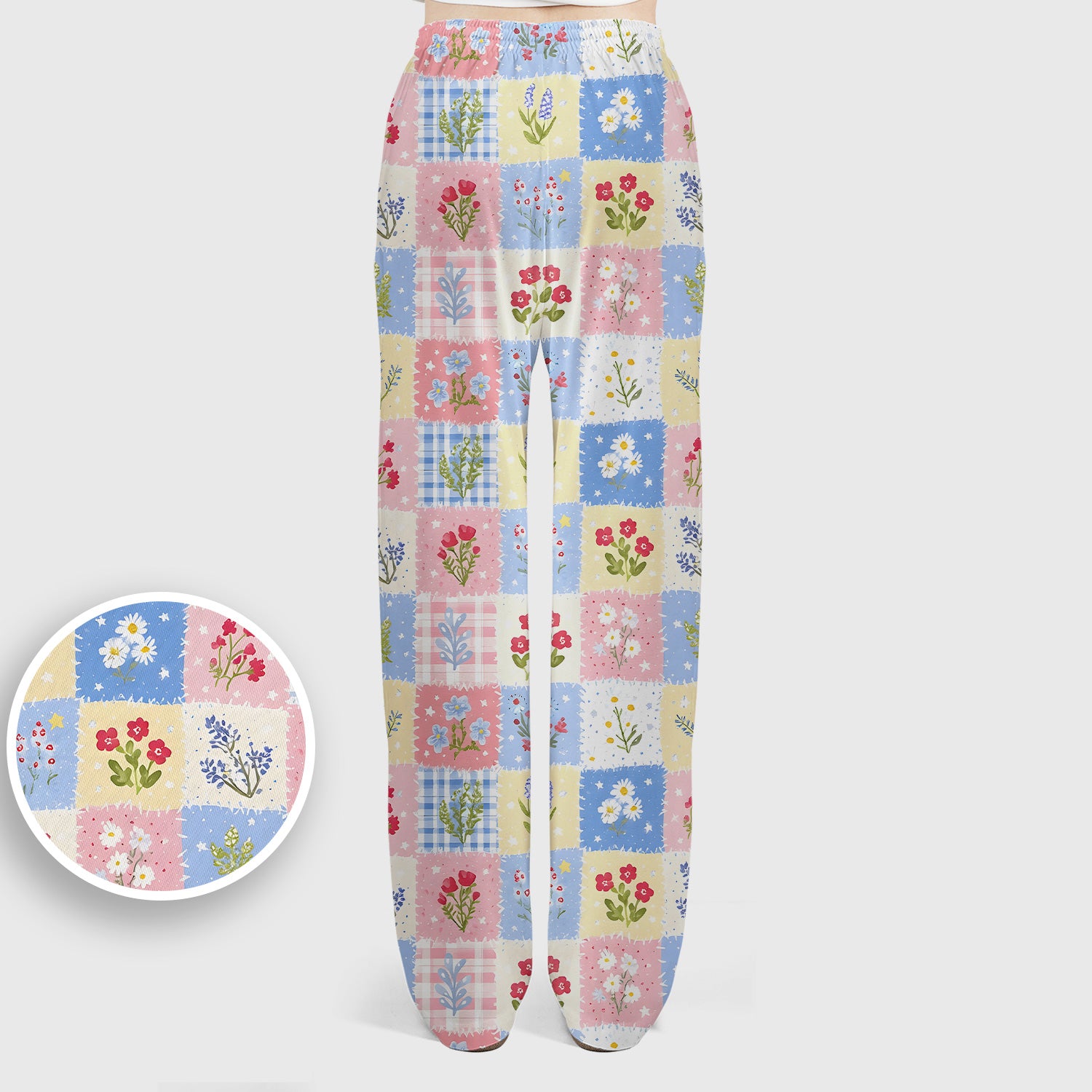 Pastel Patchwork Wildflower Garden Print Scrub Set, Scrub Pants and V Neck Top