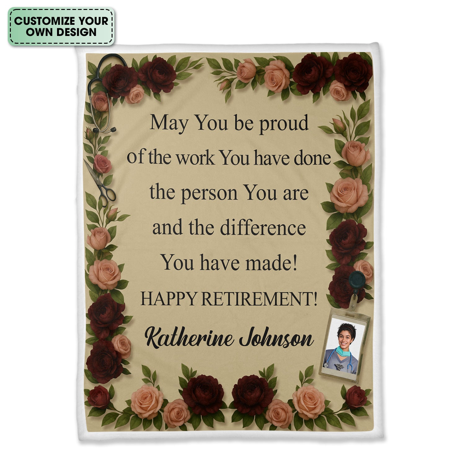 Custom Retirement Blanket with Name & Photo - Floral Border with Inspirational Quote - Gift for Nurse, RN, LPN, Medical Staff