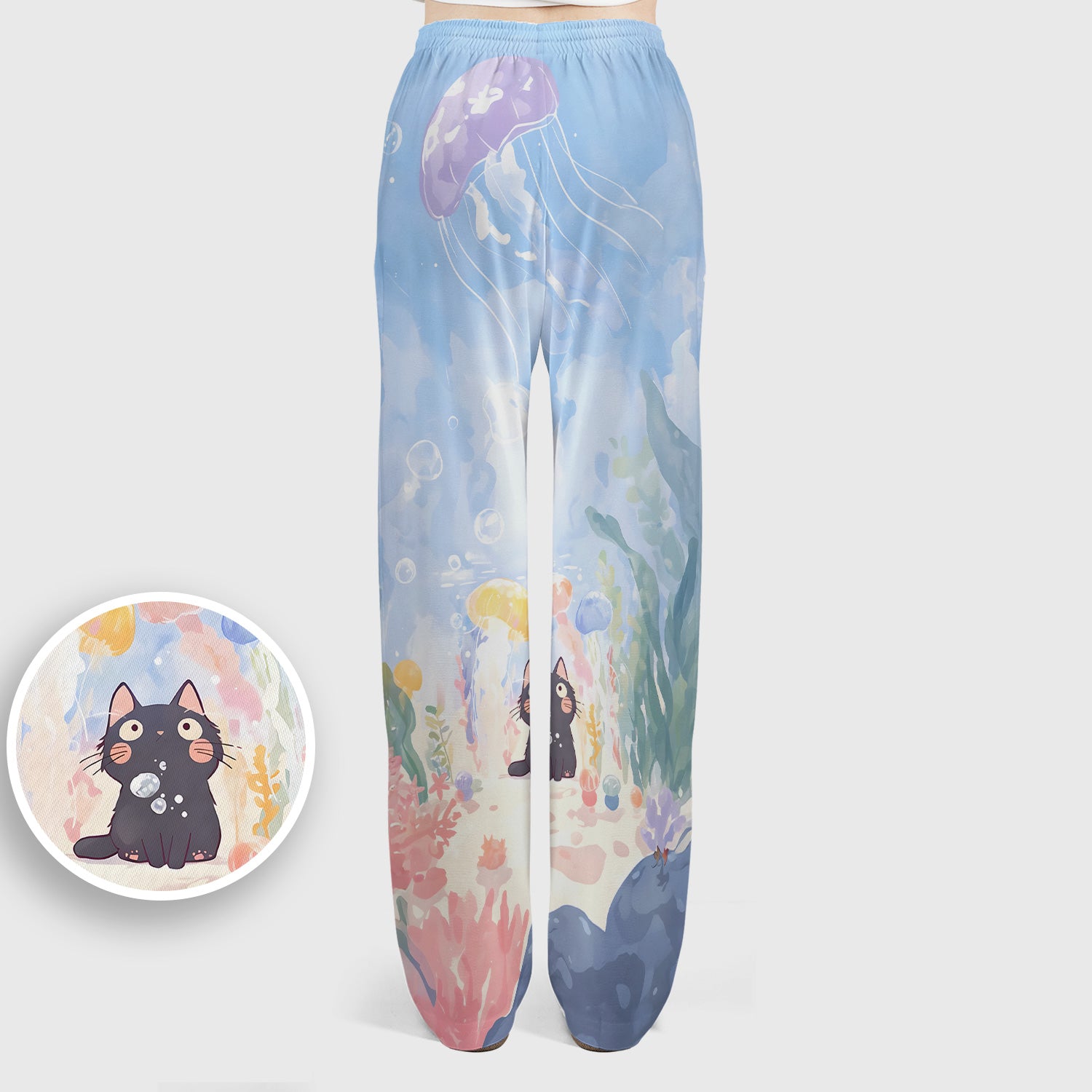 Cute Underwater Black Cat Jellyfish Pattern Scrub Set, Scrub Pants and V Neck Top