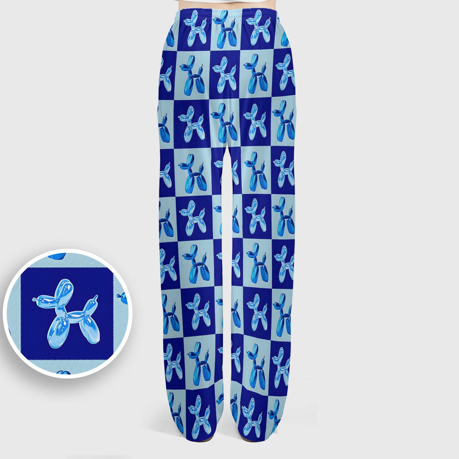 Cute Blue Balloon Dog Checkered Pattern Scrub Set, Women's Scrub Sets