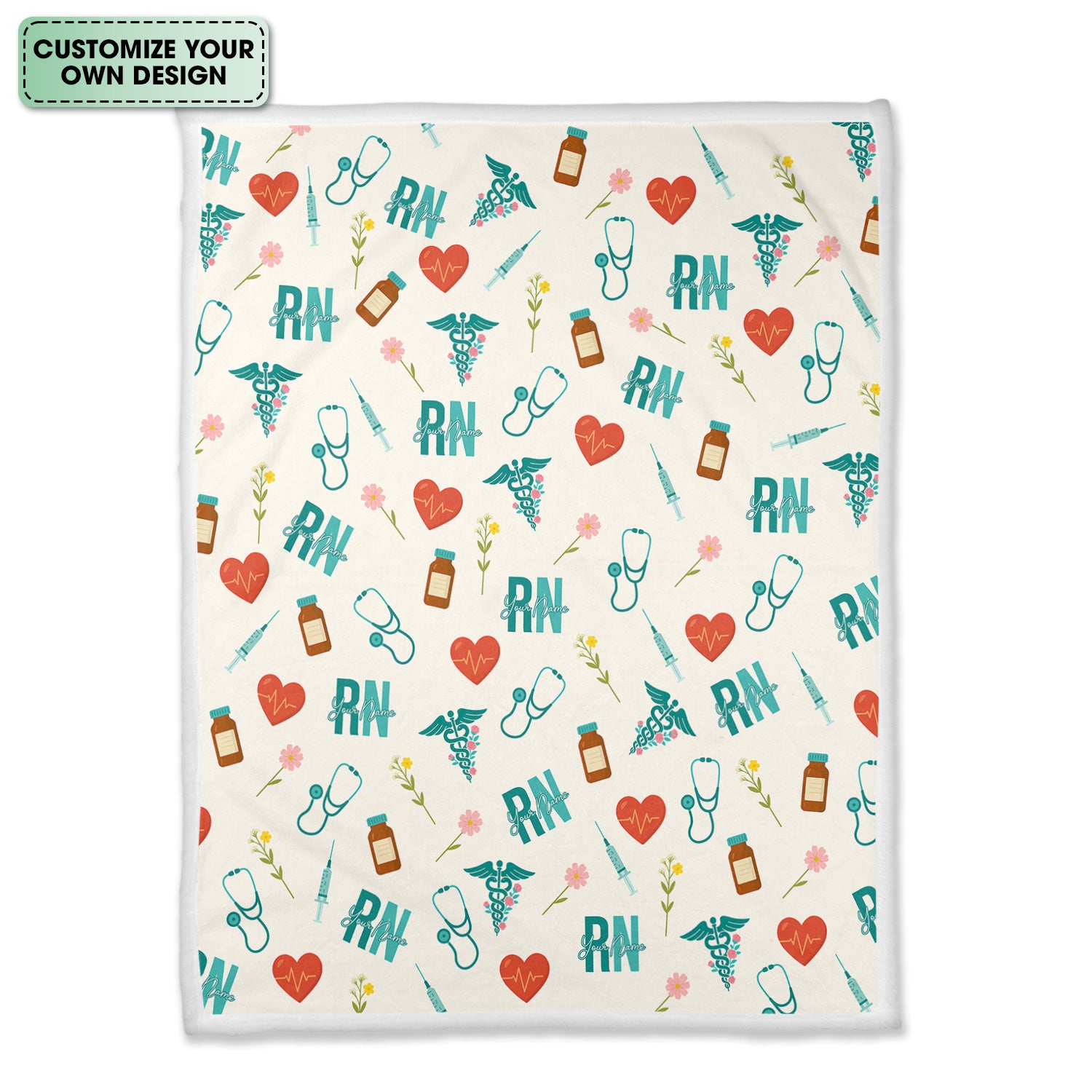 Personalized RN Nurse Blanket with Medical Icons - Stethoscope Syringe Heartbeat Floral Design - Gift for RN CNA LPN