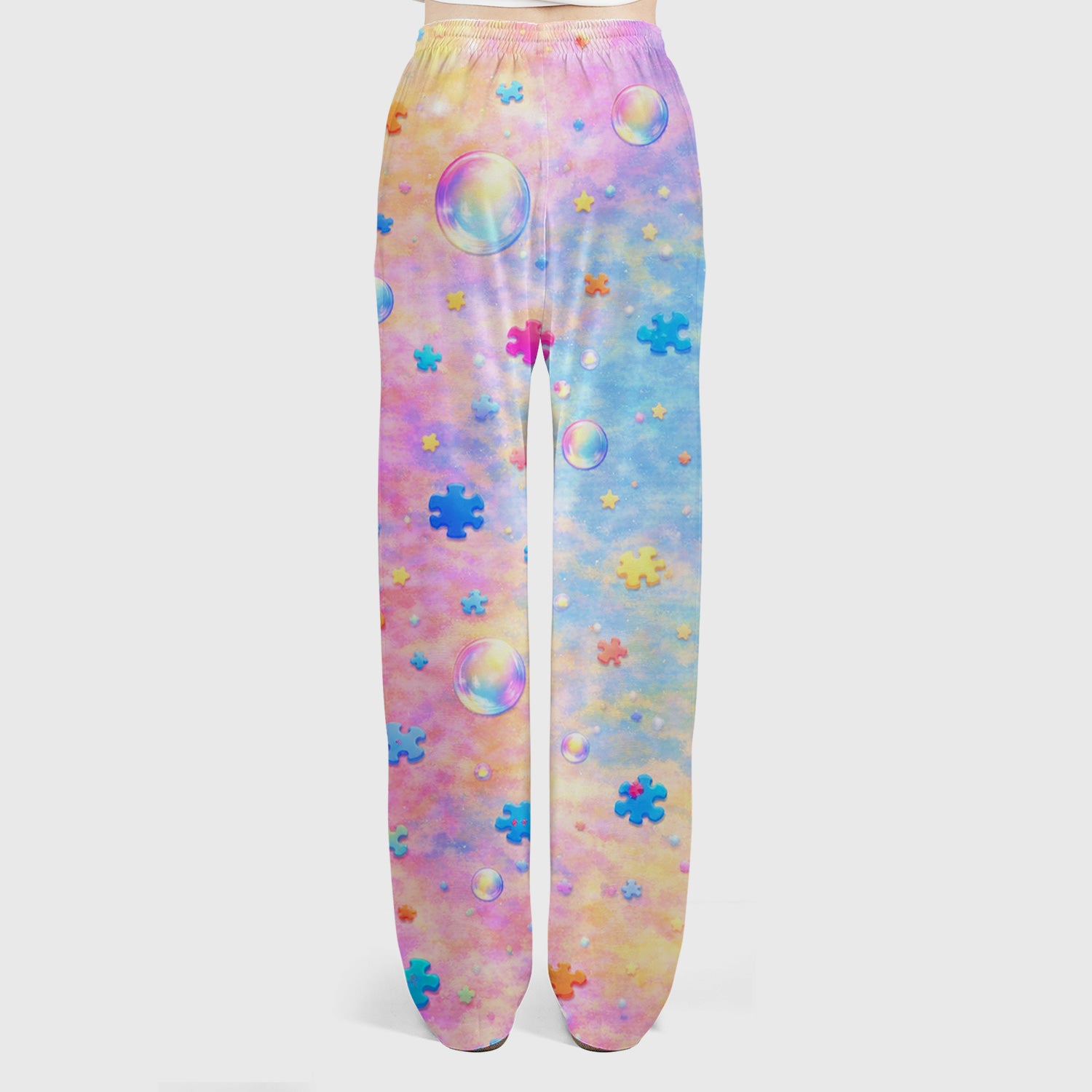 Autism Puzzle Sea Turtle Pastel Rainbow Print Scrub Set, Scrub Pants and V Neck Top