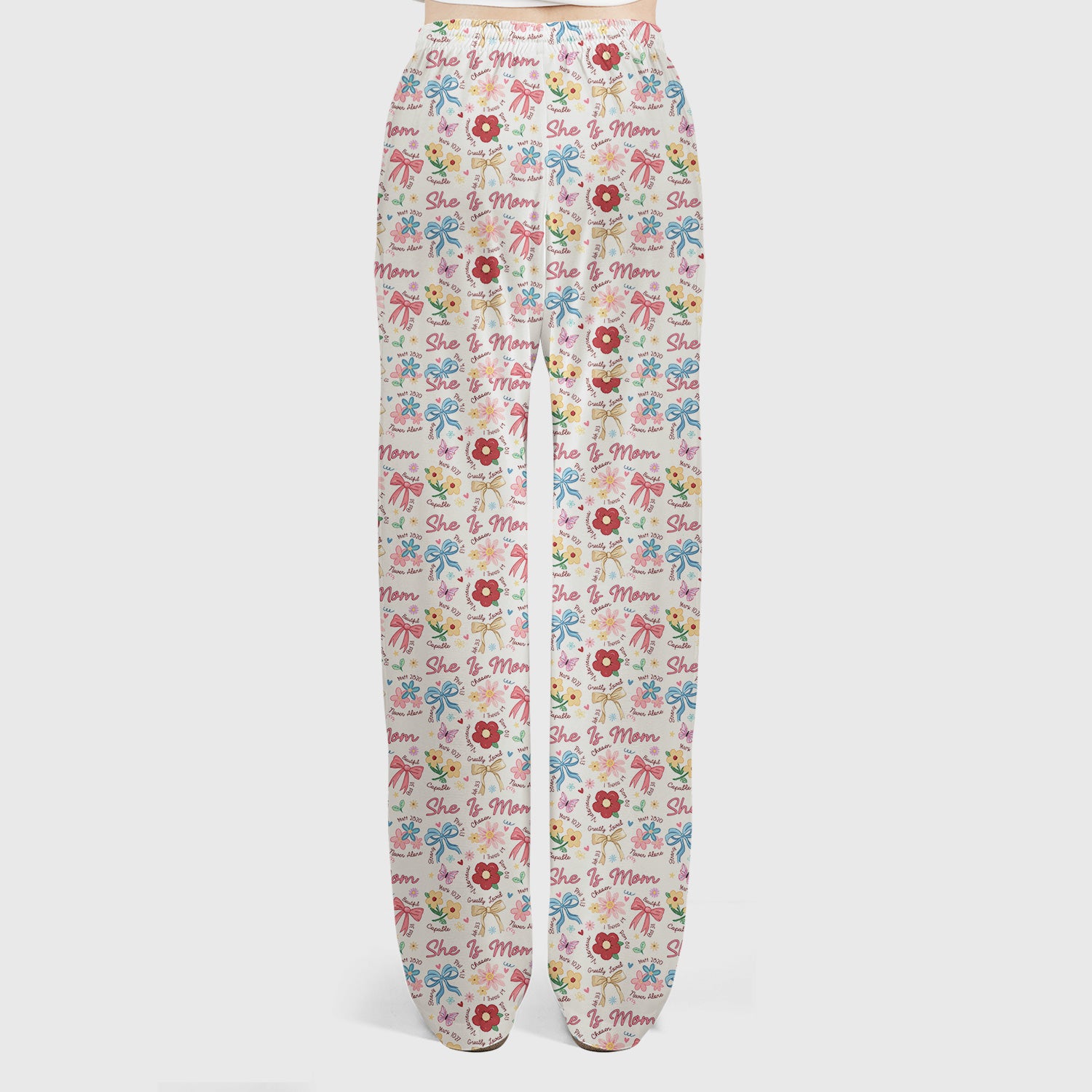 She Is Mom Flower Bow Pattern Scrub Set, Scrub Pants and V Neck Top