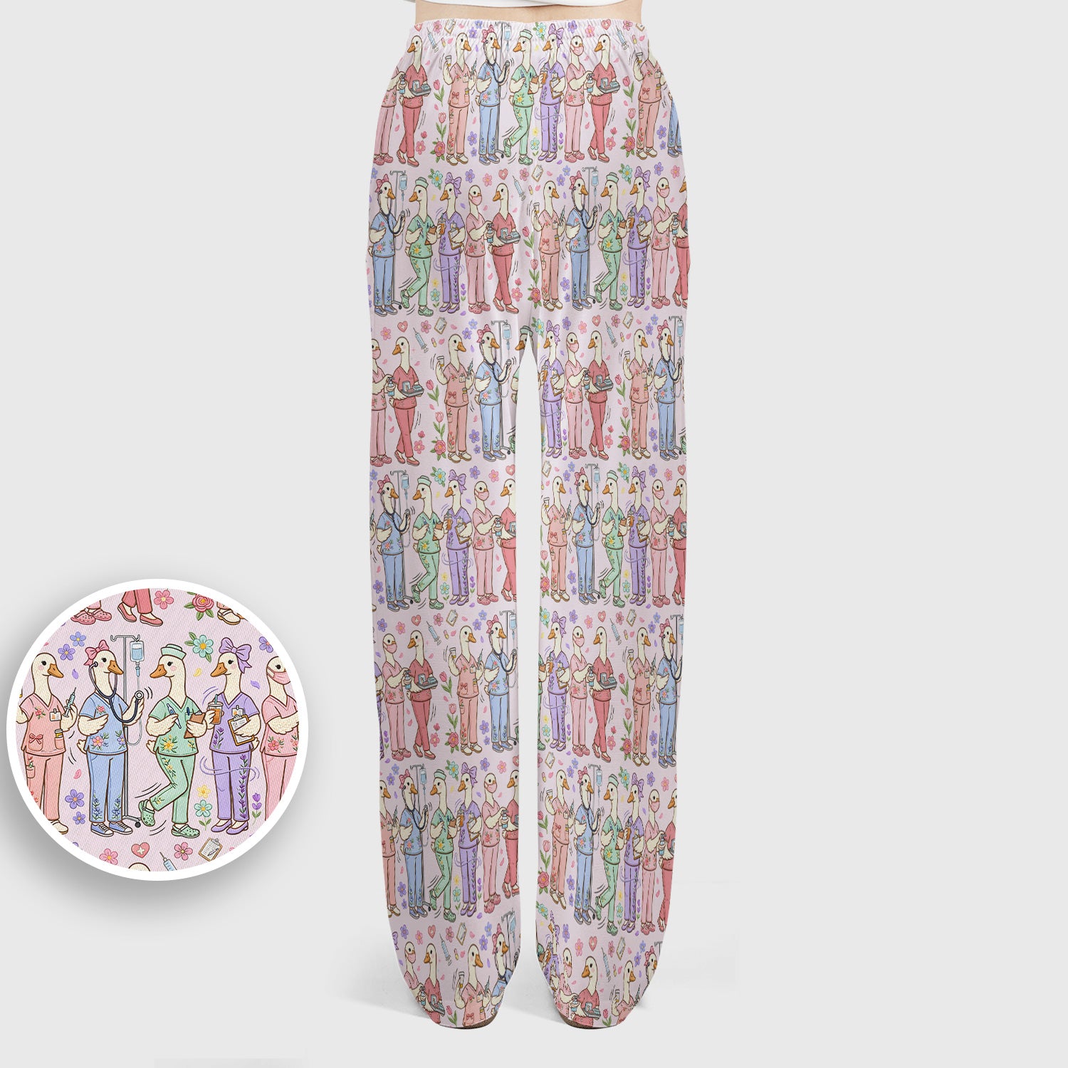 Goose Characters Floral Medical Team Uniform Pattern Scrub Set, Breathable Med Uniform