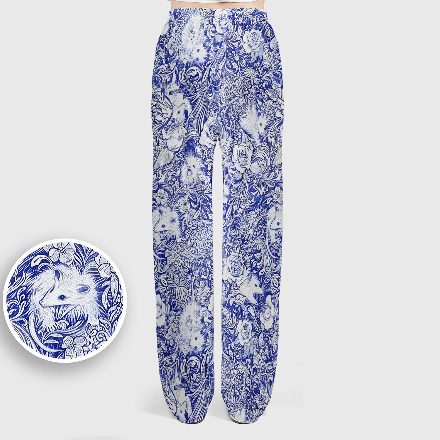 Blue Toile Porcupine Floral Pattern Scrub Set, Scrub Pants and V Neck Top