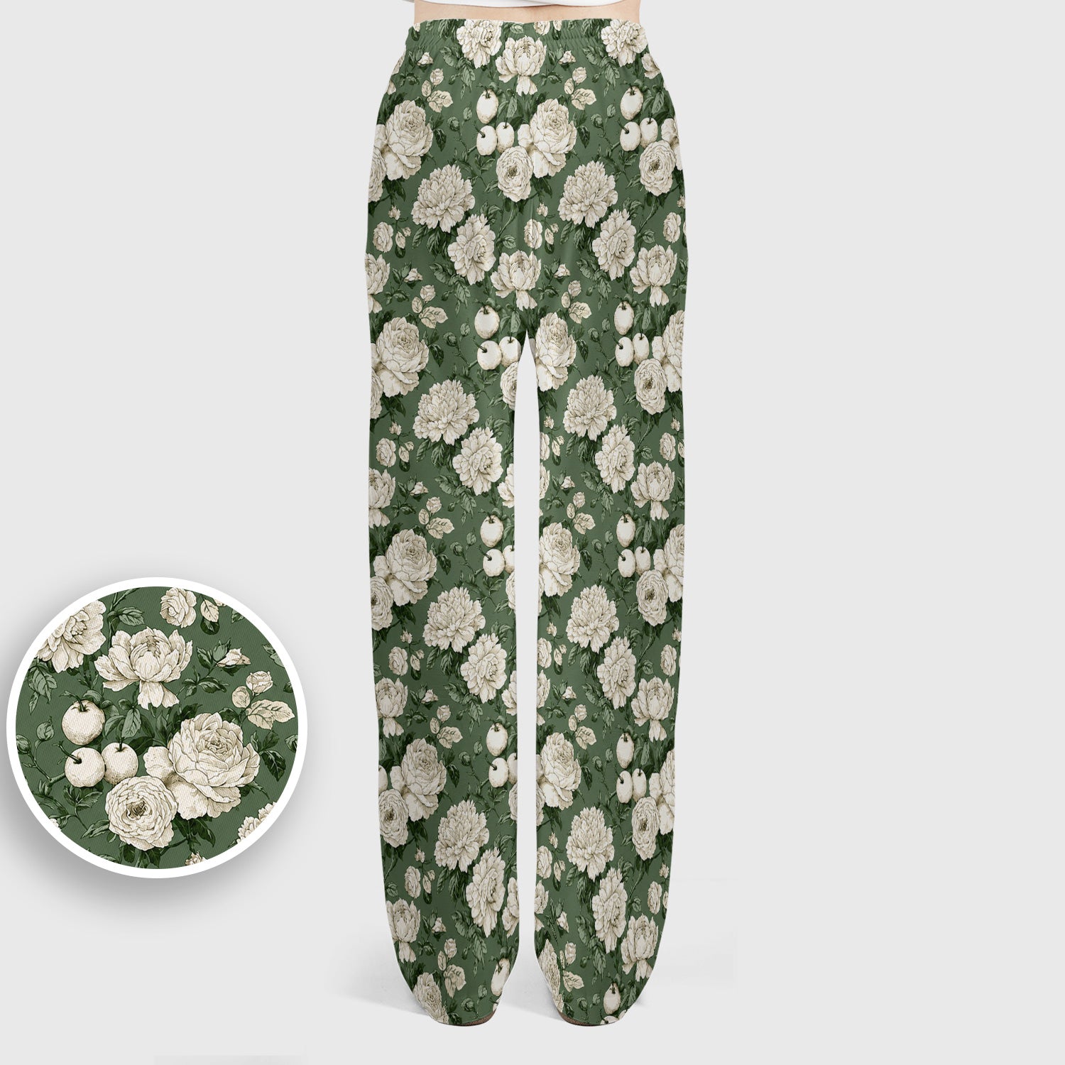 Elegant White Rose Garden Pattern Scrub Set, Scrub Pants and V Neck Top