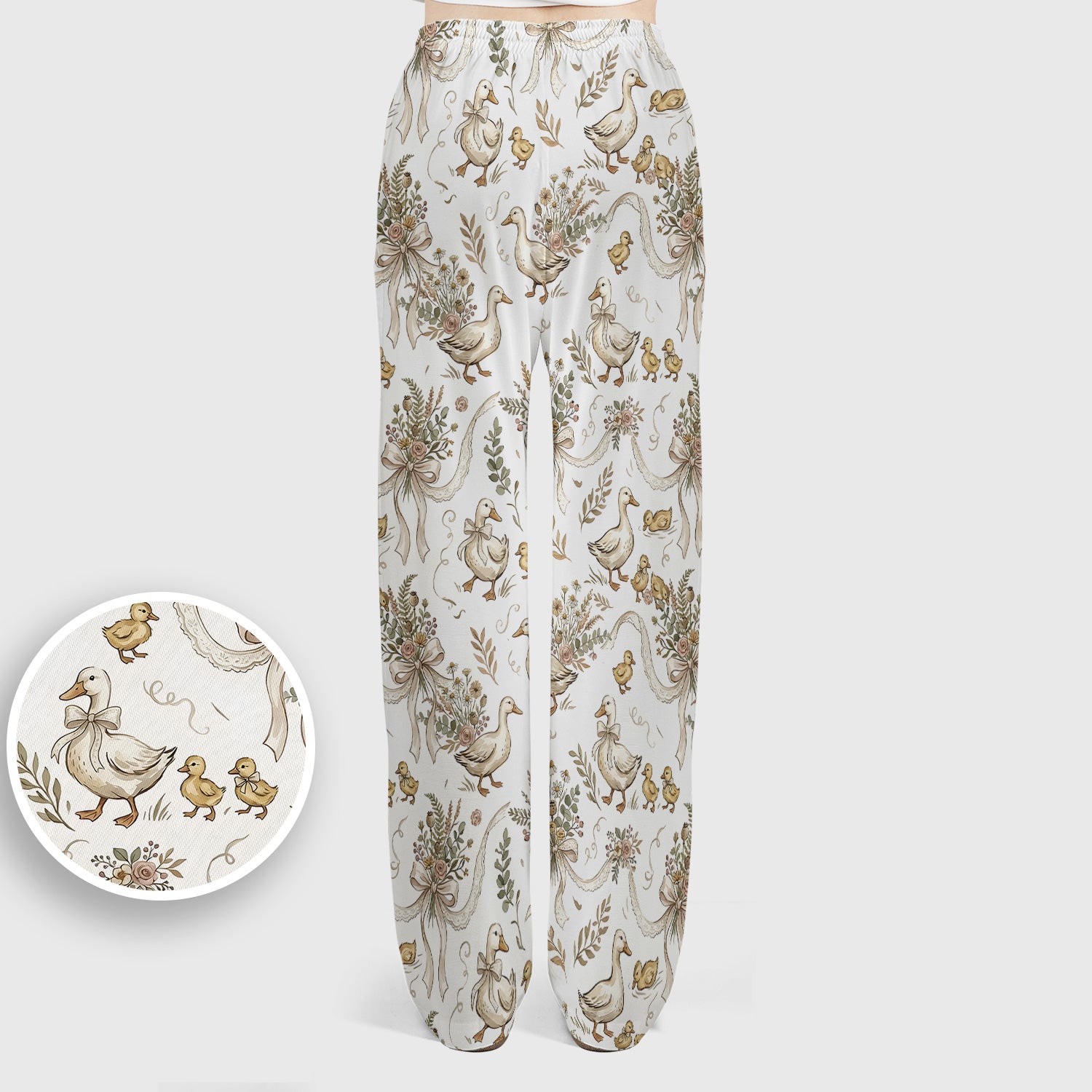 Vintage Duck Family Ribbon Floral Pattern Nurse Scrub Set, Scrub Pants and V Neck Top