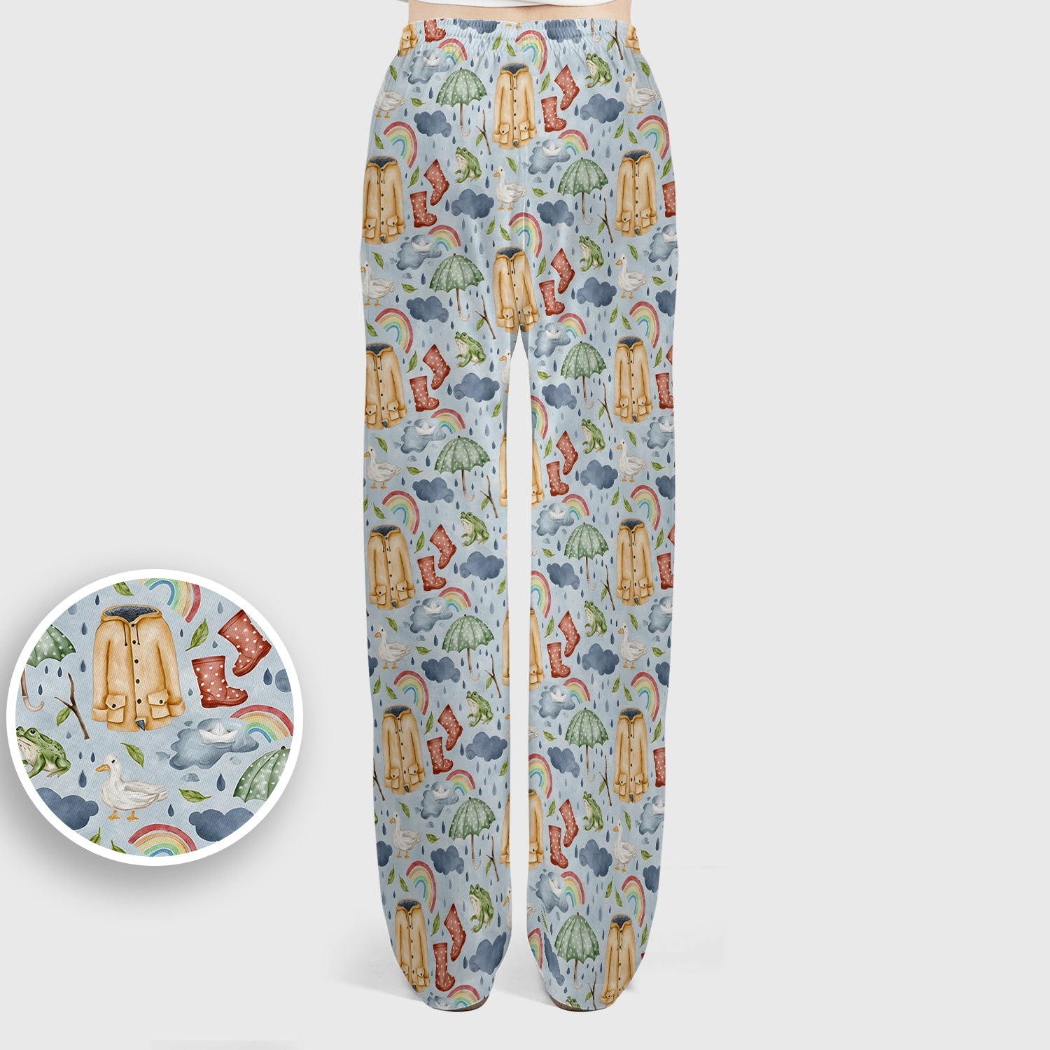 Cute Rainy Day Ducks & Frog Rainbow Pattern Scrub Set, Scrub Pants and V Neck Top