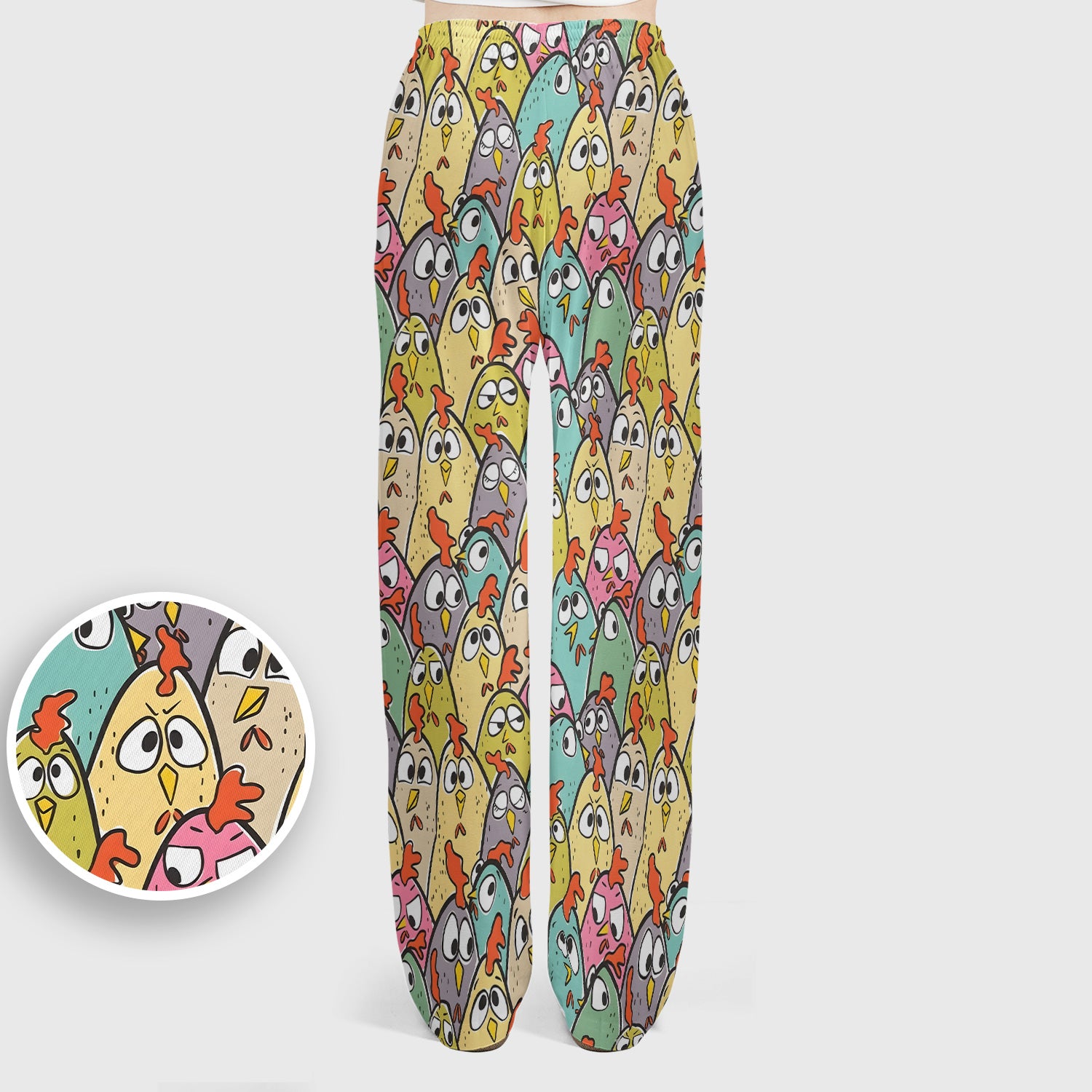 Funny Cartoon Chicken Crowd Pattern Scrub Set, Scrub Pants and V Neck Top
