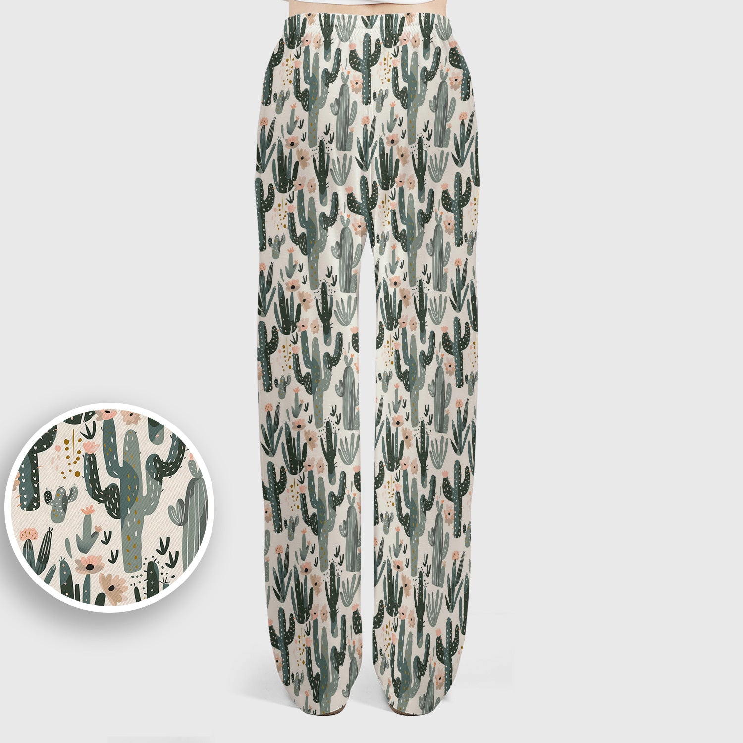 Green Cactus Desert Blossom Pattern Scrub Set, Scrub Pants and V Neck Top