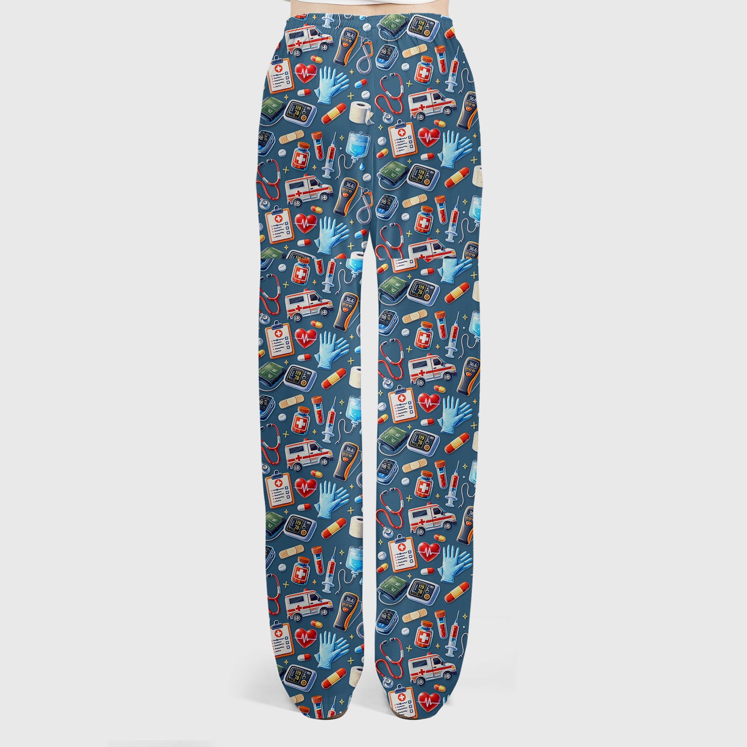 Medical Tools Pattern Ambulance Stethoscope Scrub Set, Scrub Pants and V Neck Top