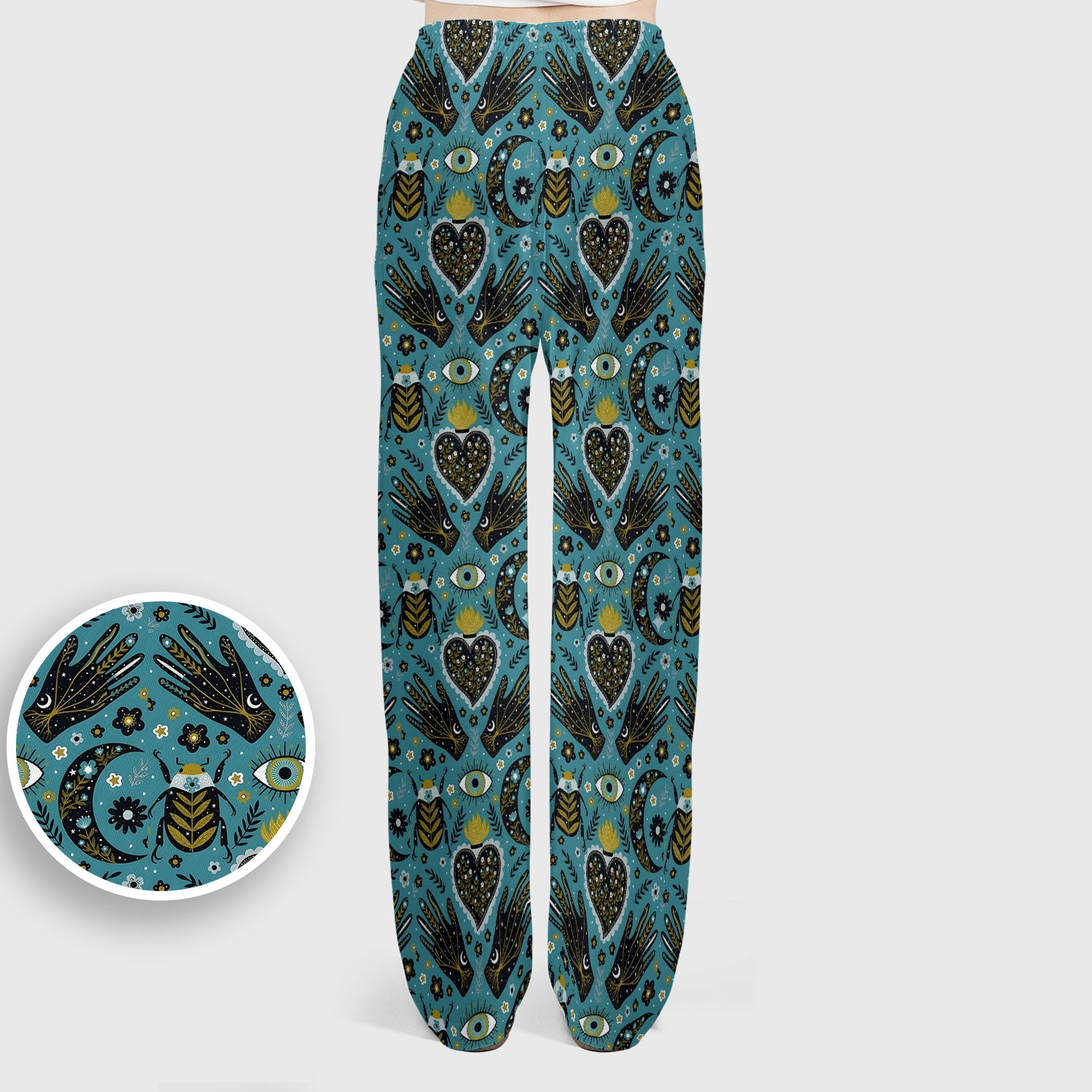 Mystic Celestial Heart & Evil Eye Pattern Scrub Set, Scrub Pants and V Neck Top