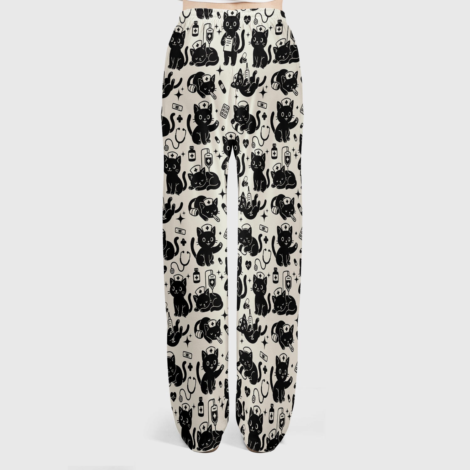 Cute Black Cat Nurse Pattern Scrub Set, Breathable Med Uniform