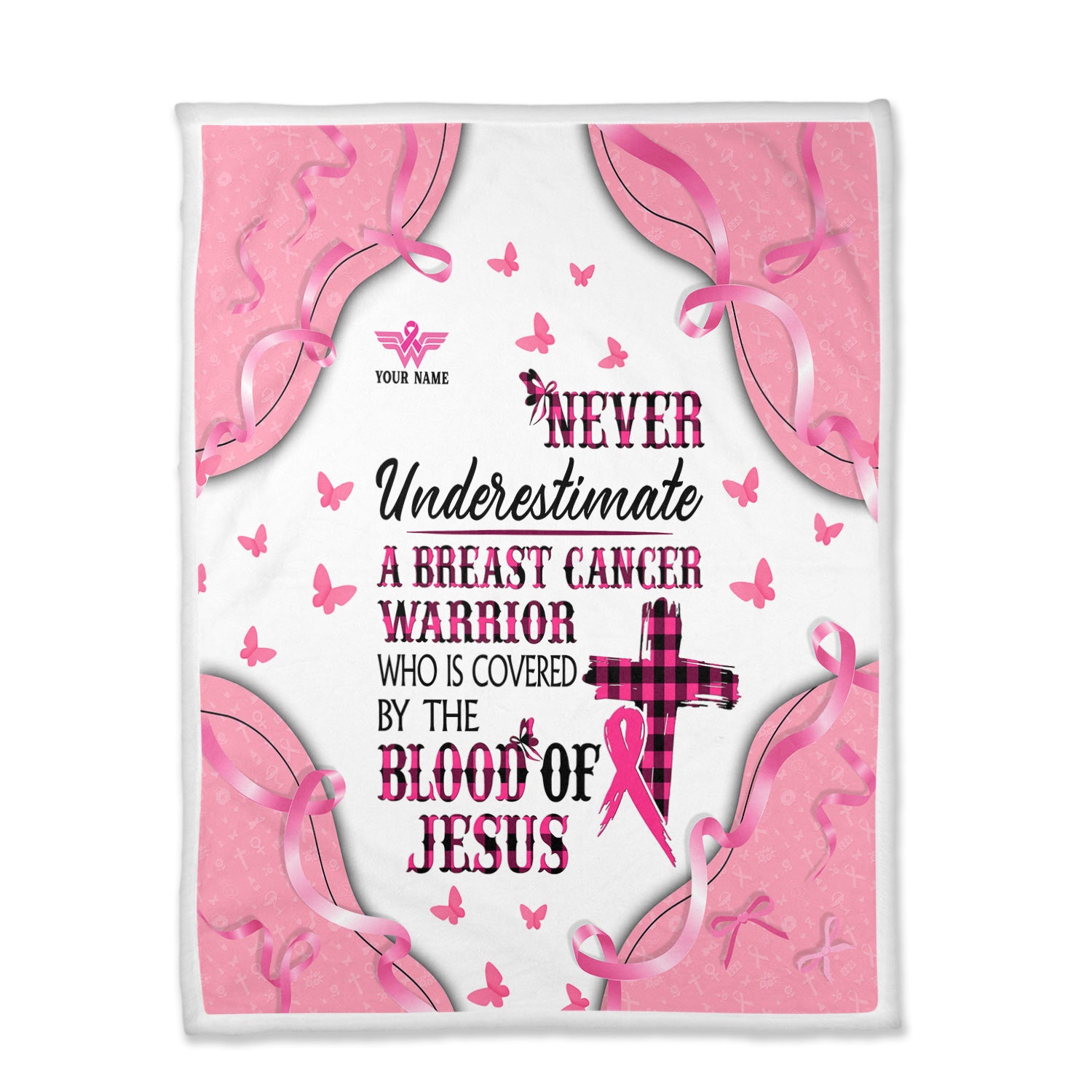 Personalized Breast Cancer Warrior Blanket - Christian Faith Quote & Pink Ribbon Design - Gift for RN LPN CNA