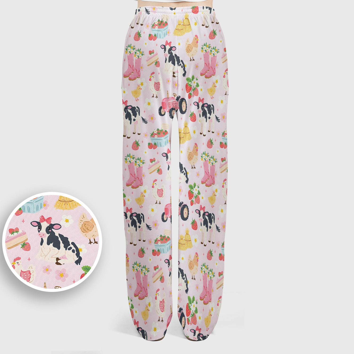 Cute Farm Animals & Strawberry Garden Pattern Scrub Set, Scrub Pants and V Neck Top