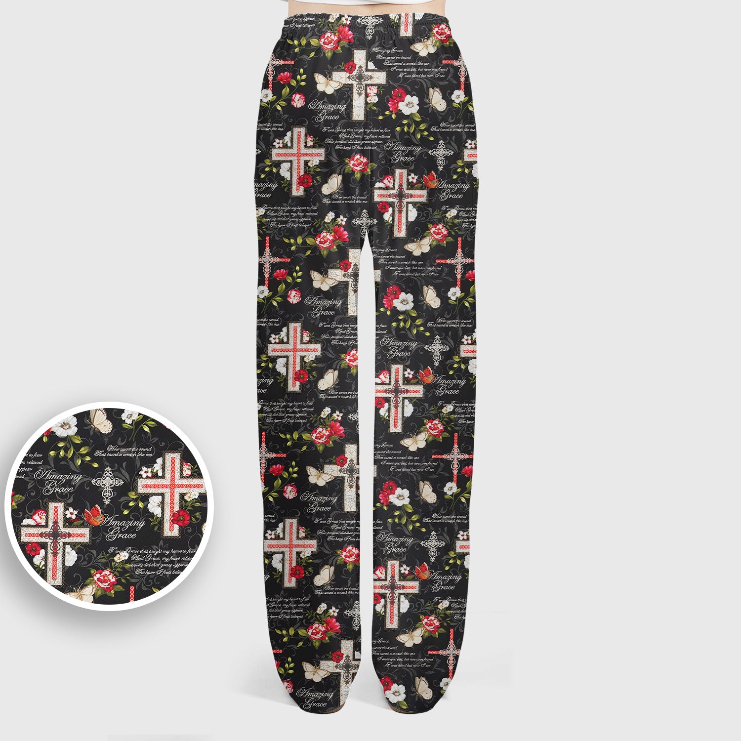 Christian Cross Roses And Butterflies Print Scrub Set, Scrub Pants and V Neck Top